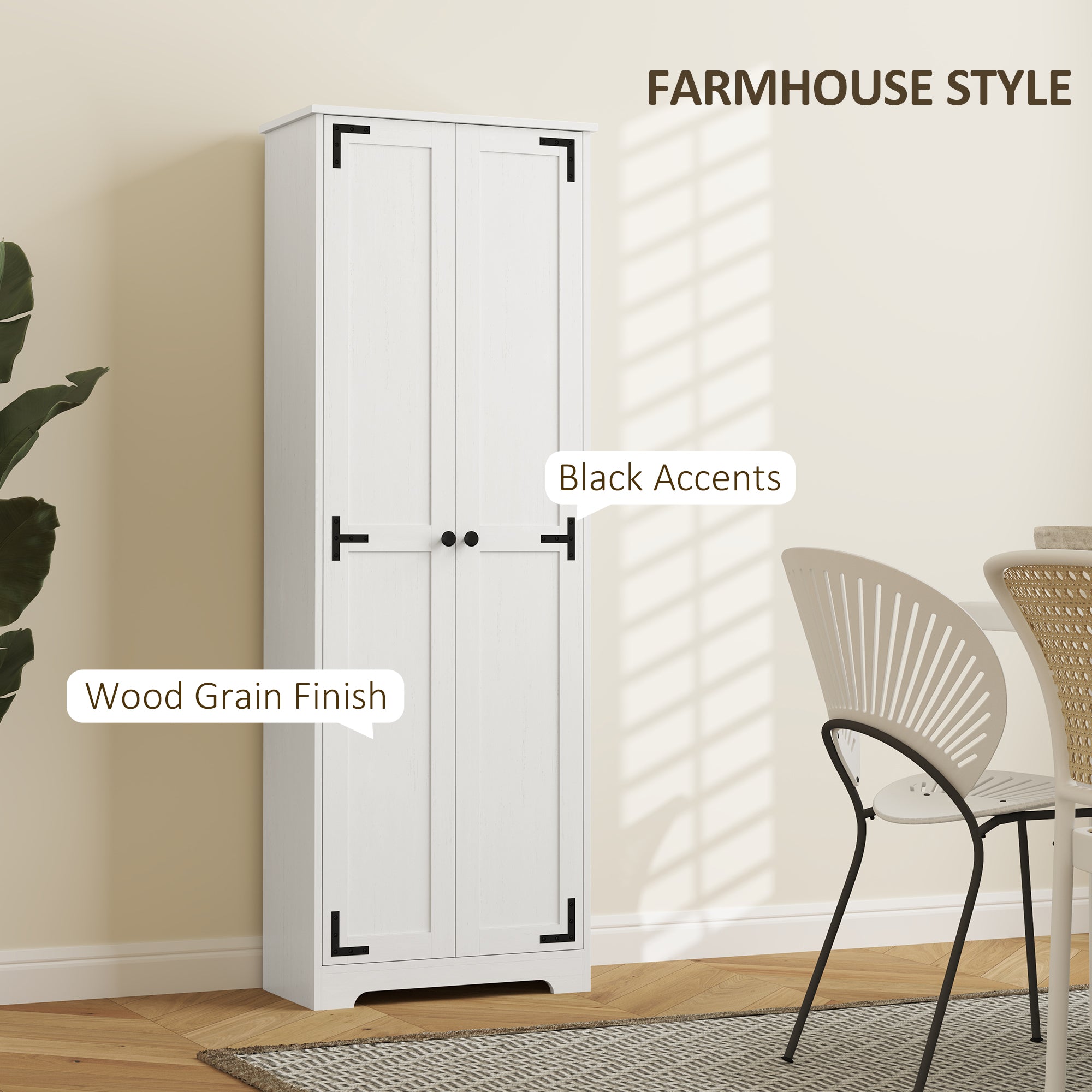 HOMCOM 67" Farmhouse Pantry Cabinet, Tall Kitchen Pantry with Adjustable Shelves, Freestanding Storage Cabinet with Recessed Doors, Distressed White