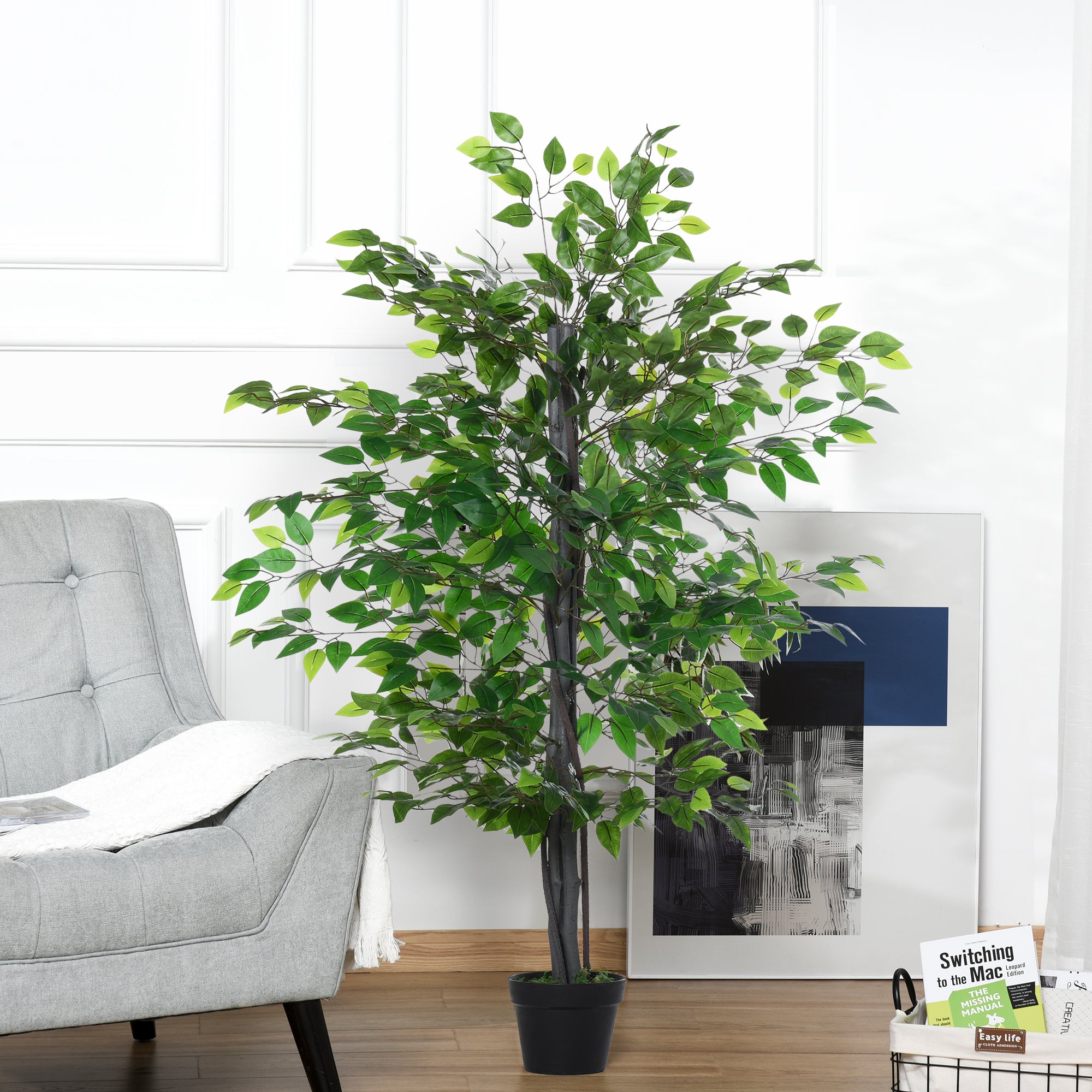 Outsunny 4.75FT Artificial Ficus Tree, Fake Tree with Leaves, Faux Plant in Nursery Pot for Indoor and Outdoor Decoration