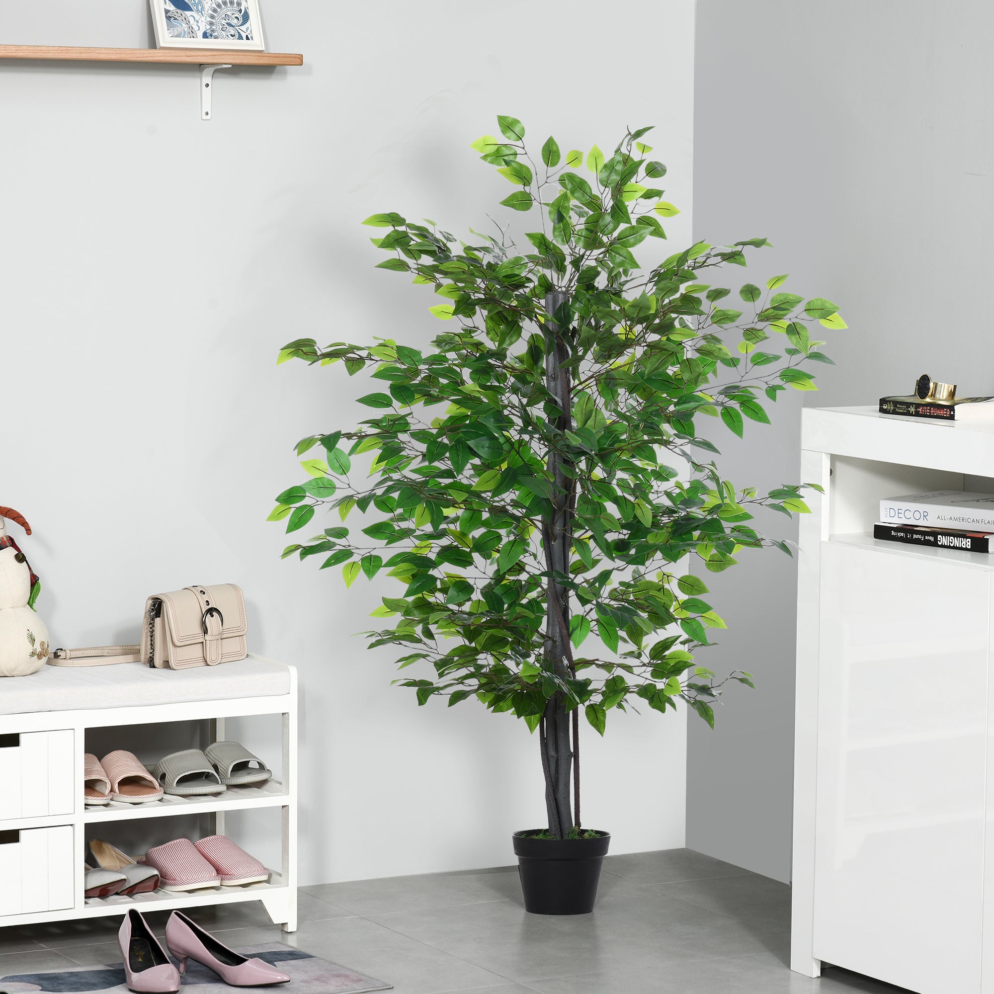 Outsunny 4.75FT Artificial Ficus Tree, Fake Tree with Leaves, Faux Plant in Nursery Pot for Indoor and Outdoor Decoration