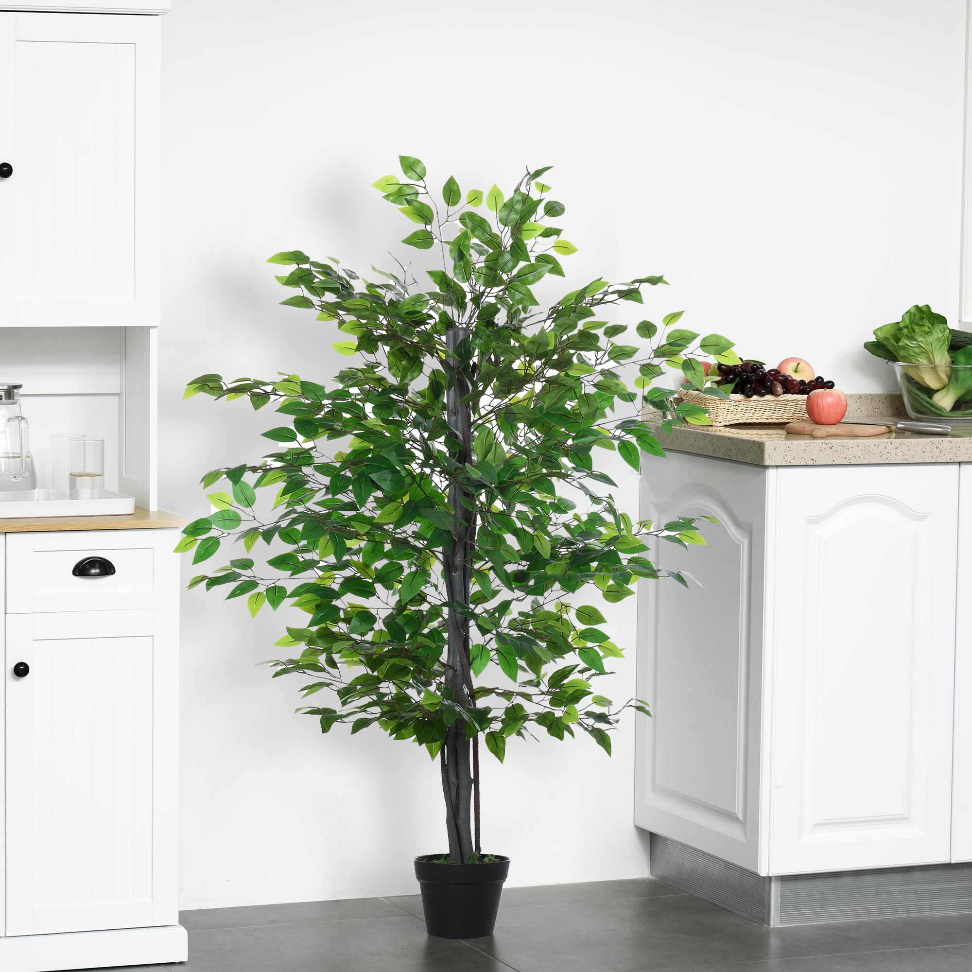 Outsunny 4.75FT Artificial Ficus Tree, Fake Tree with Leaves, Faux Plant in Nursery Pot for Indoor and Outdoor Decoration