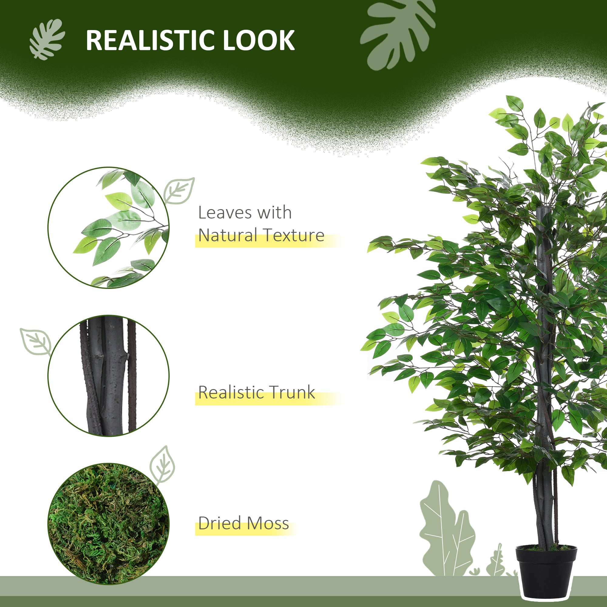 Outsunny 4.75FT Artificial Ficus Tree, Fake Tree with Leaves, Faux Plant in Nursery Pot for Indoor and Outdoor Decoration