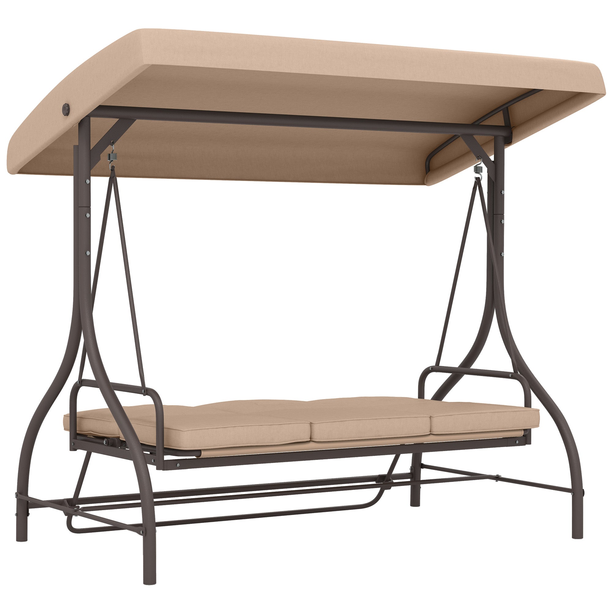 Outsunny 3 Seater Patio Swing Chair Convertible Cushioned Porch Swing Bed Outdoor Swing Seat with Canopy, Steel Frame for Porch, Backyard, Garden, Balcony, Khaki