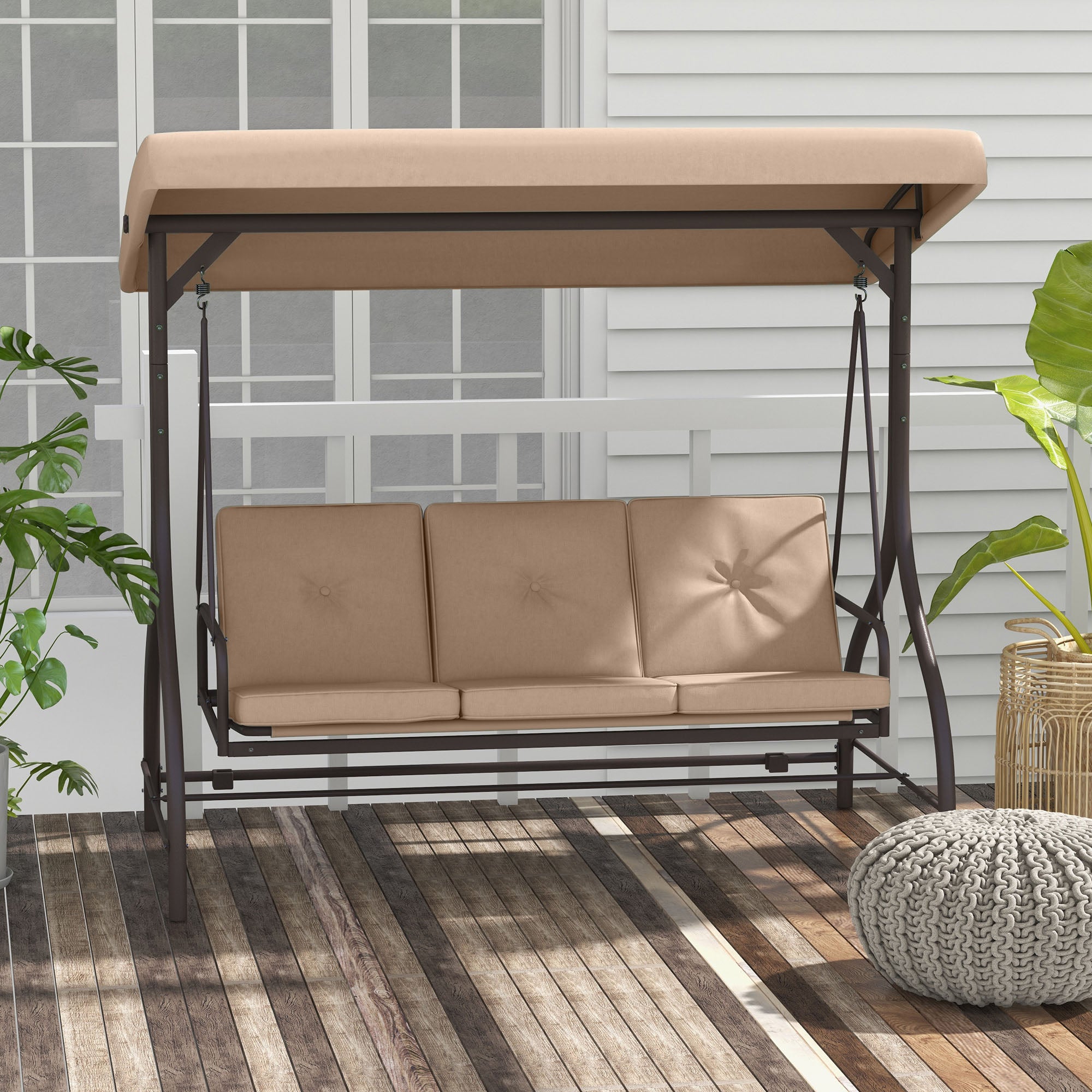 Outsunny 3 Seater Patio Swing Chair Convertible Cushioned Porch Swing Bed Outdoor Swing Seat with Canopy, Steel Frame for Porch, Backyard, Garden, Balcony, Khaki