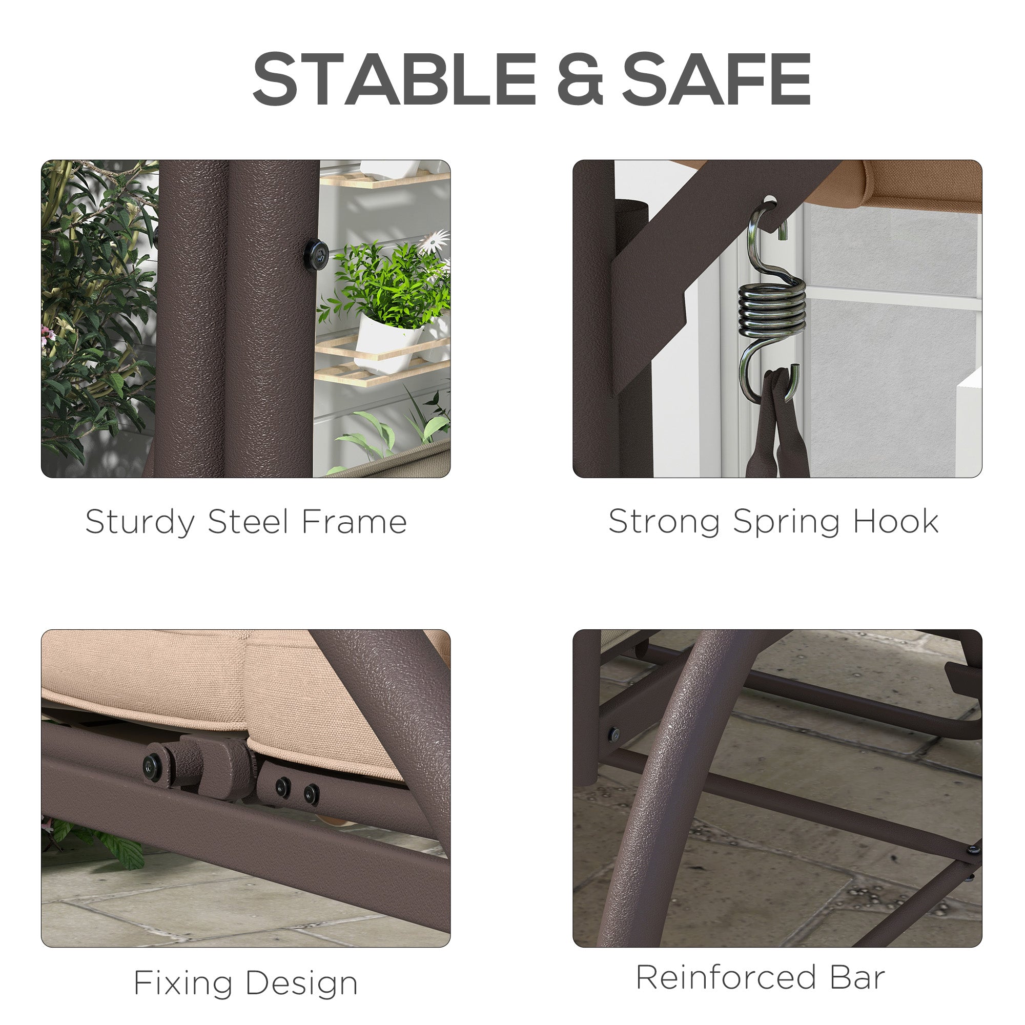 Outsunny 3 Seater Patio Swing Chair Convertible Cushioned Porch Swing Bed Outdoor Swing Seat with Canopy, Steel Frame for Porch, Backyard, Garden, Balcony, Khaki