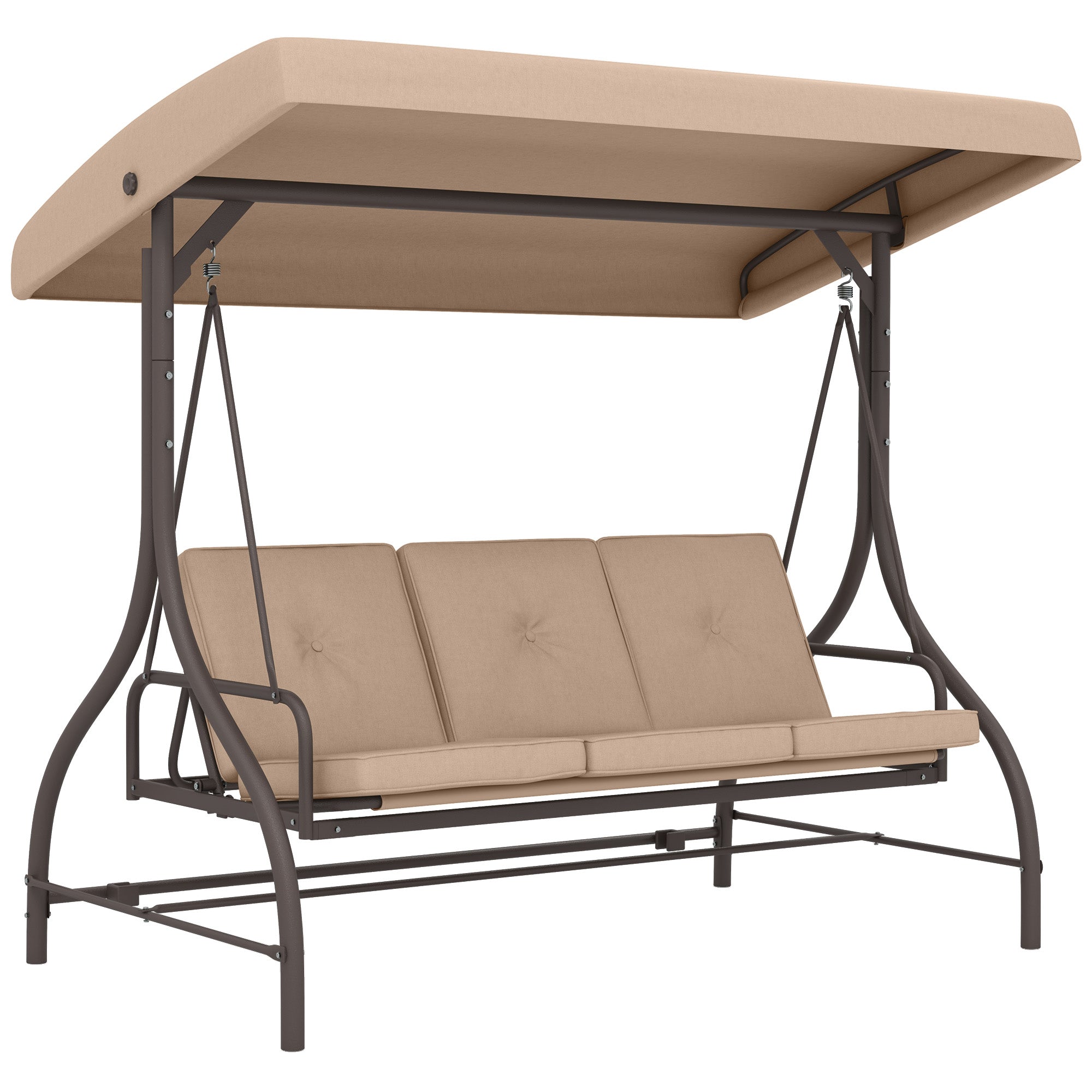 Outsunny 3 Seater Patio Swing Chair Convertible Cushioned Porch Swing Bed Outdoor Swing Seat with Canopy, Steel Frame for Porch, Backyard, Garden, Balcony, Khaki