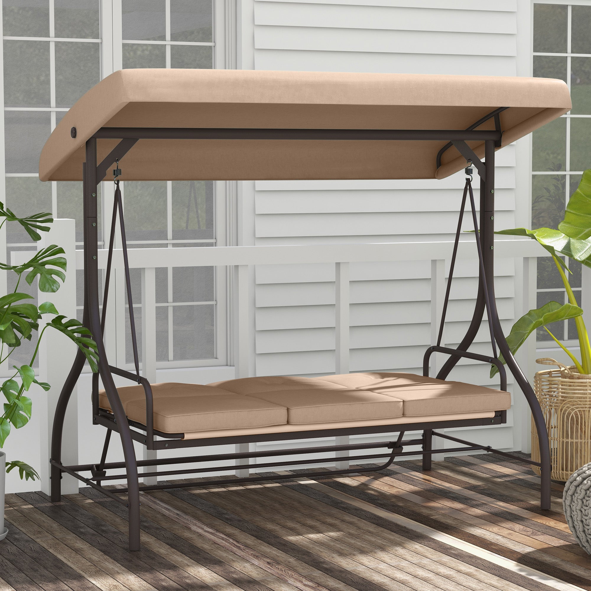 Outsunny 3 Seater Patio Swing Chair Convertible Cushioned Porch Swing Bed Outdoor Swing Seat with Canopy, Steel Frame for Porch, Backyard, Garden, Balcony, Khaki
