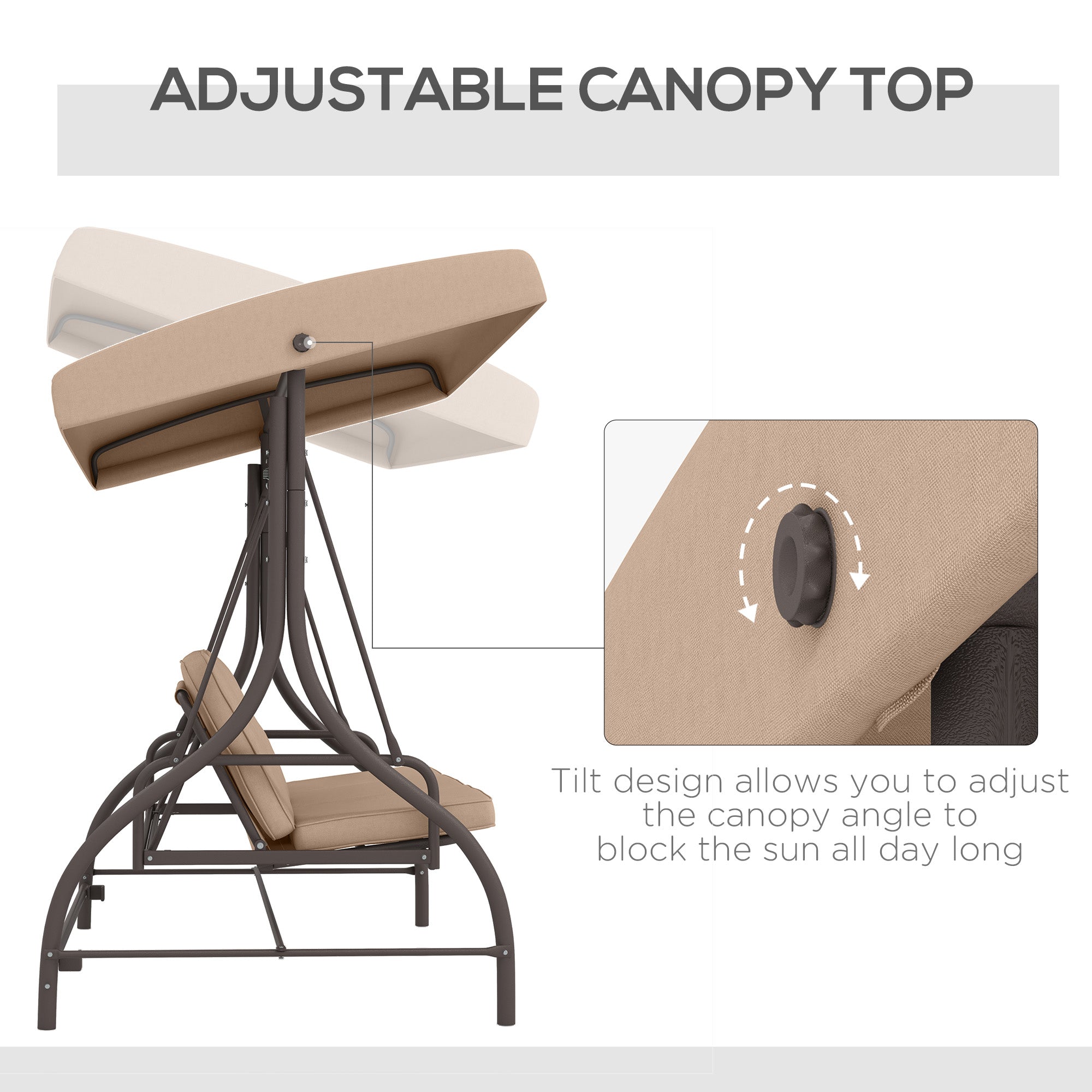 Outsunny 3 Seater Patio Swing Chair Convertible Cushioned Porch Swing Bed Outdoor Swing Seat with Canopy, Steel Frame for Porch, Backyard, Garden, Balcony, Khaki