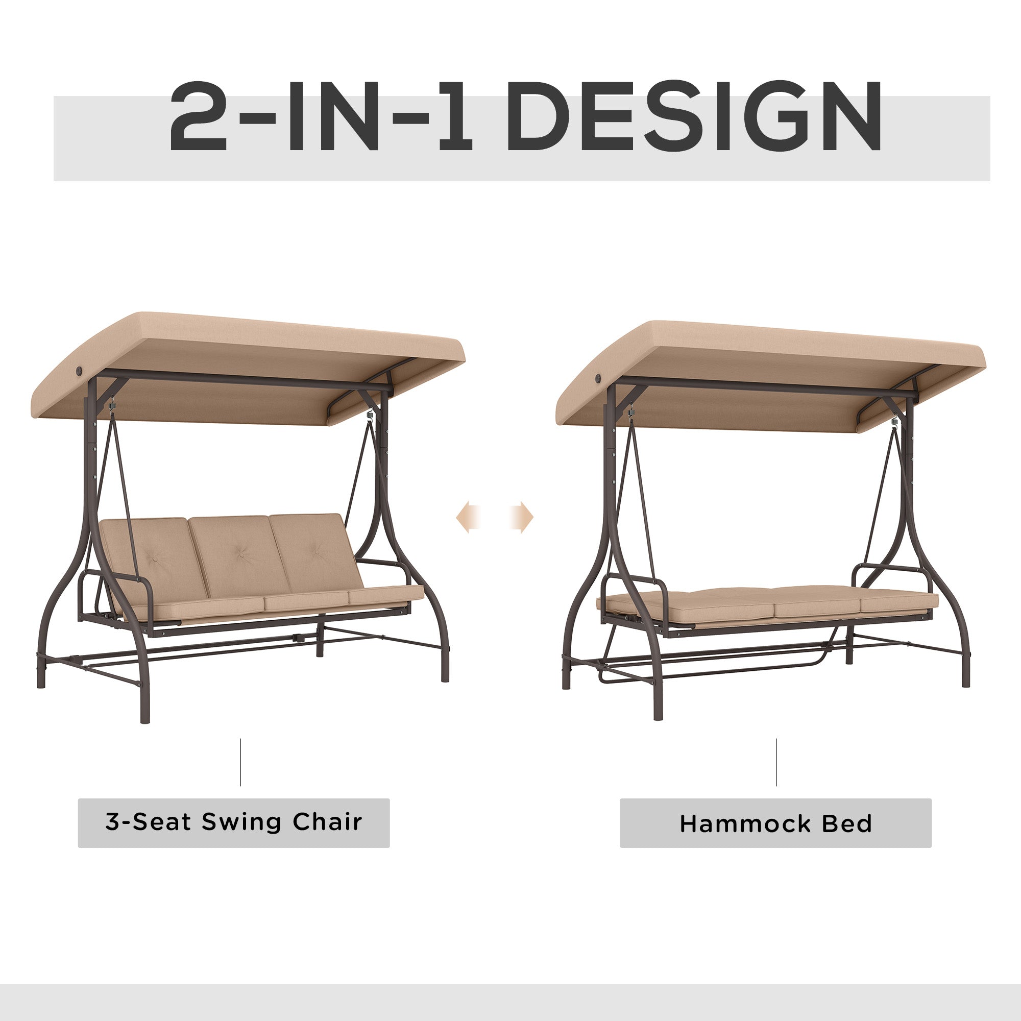 Outsunny 3 Seater Patio Swing Chair Convertible Cushioned Porch Swing Bed Outdoor Swing Seat with Canopy, Steel Frame for Porch, Backyard, Garden, Balcony, Khaki