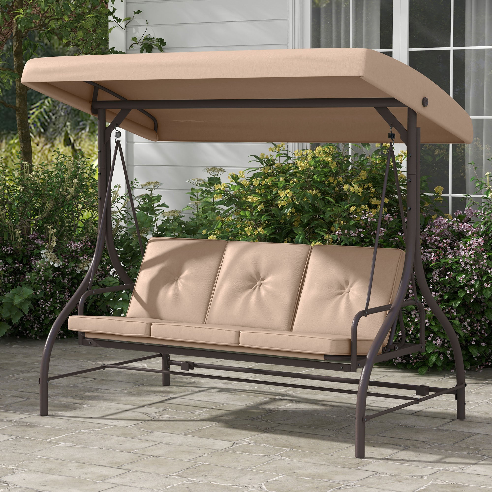 Outsunny 3 Seater Patio Swing Chair Convertible Cushioned Porch Swing Bed Outdoor Swing Seat with Canopy, Steel Frame for Porch, Backyard, Garden, Balcony, Khaki