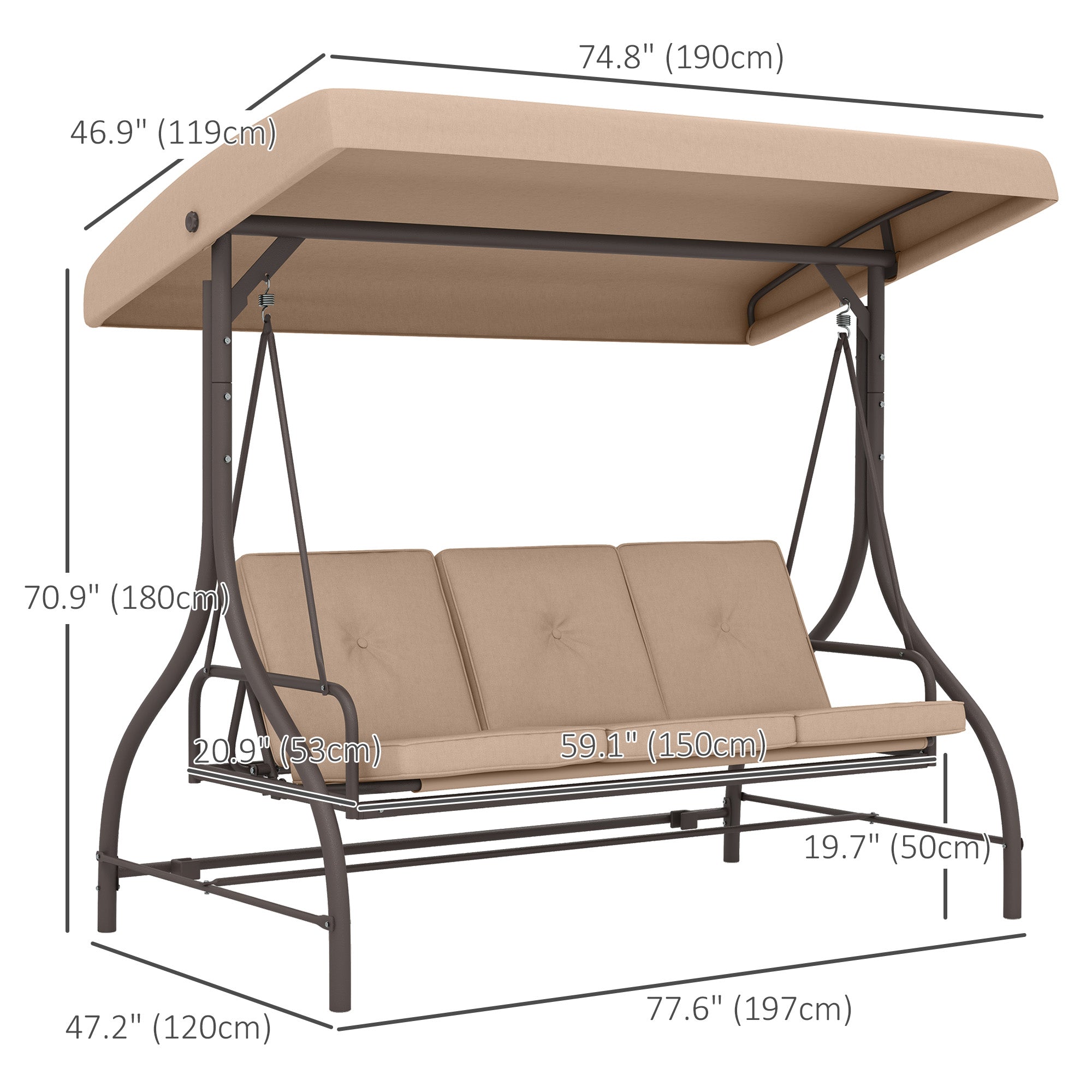 Outsunny 3 Seater Patio Swing Chair Convertible Cushioned Porch Swing Bed Outdoor Swing Seat with Canopy, Steel Frame for Porch, Backyard, Garden, Balcony, Khaki