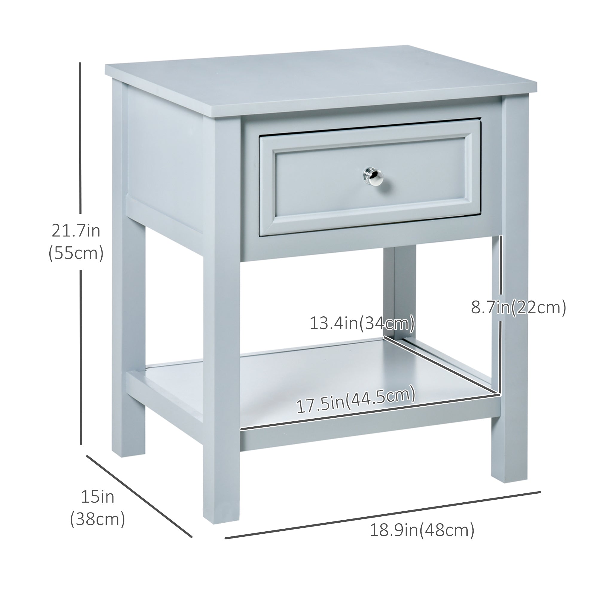 HOMCOM Nightstand, Accent End Table, Side Table with Drawer and Storage Shelf for Bedroom, Grey