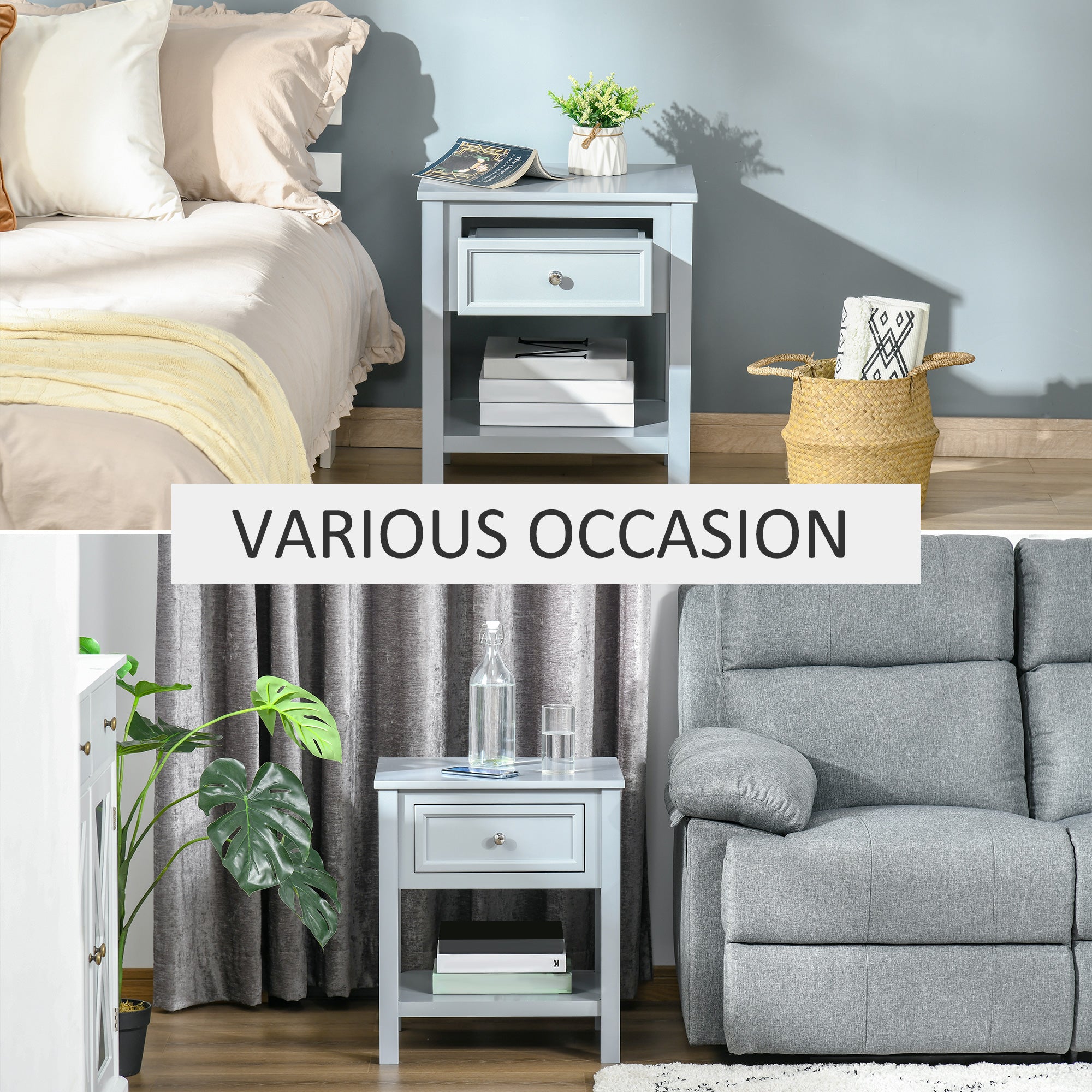 HOMCOM Nightstand, Accent End Table, Side Table with Drawer and Storage Shelf for Bedroom, Grey