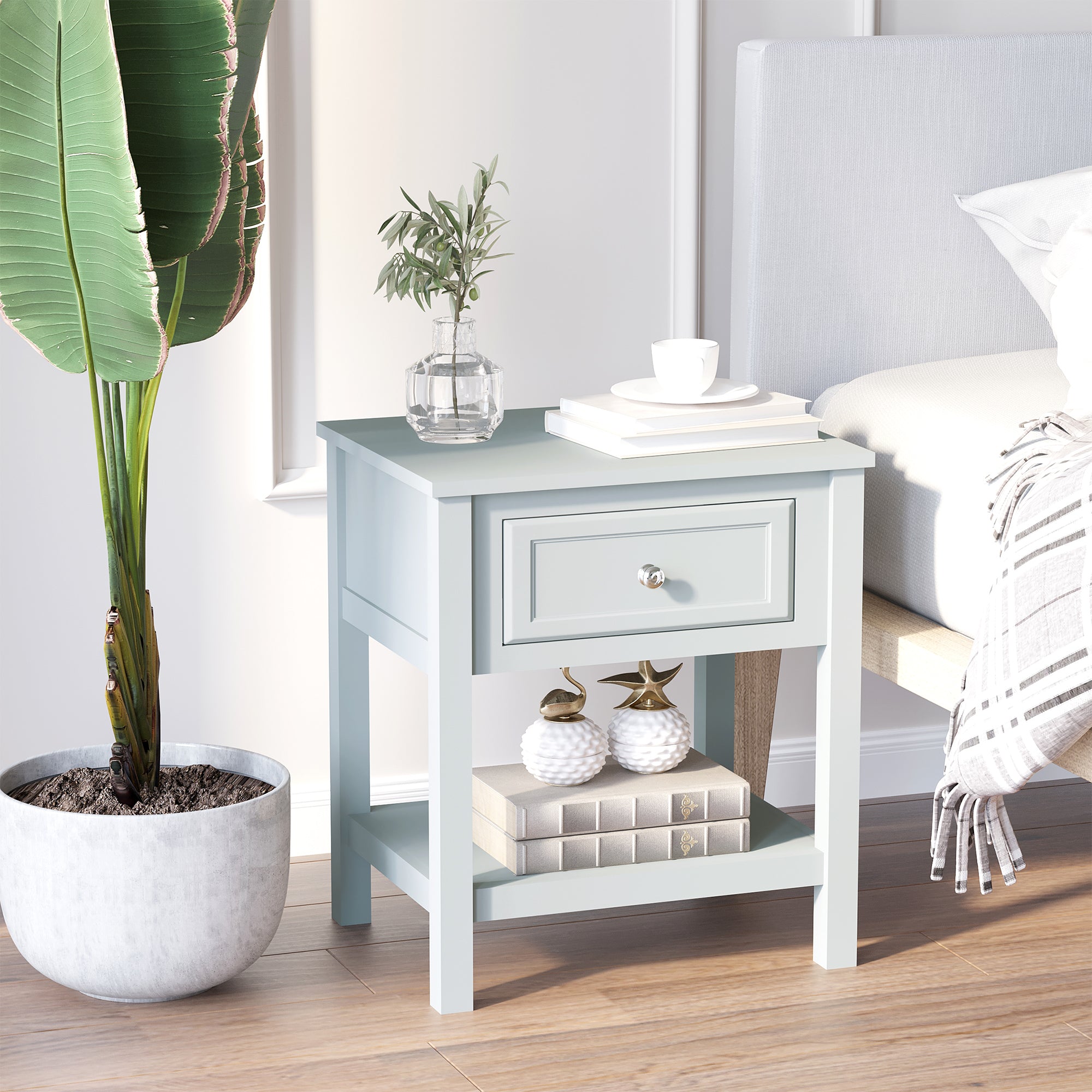 HOMCOM Nightstand, Accent End Table, Side Table with Drawer and Storage Shelf for Bedroom, Grey