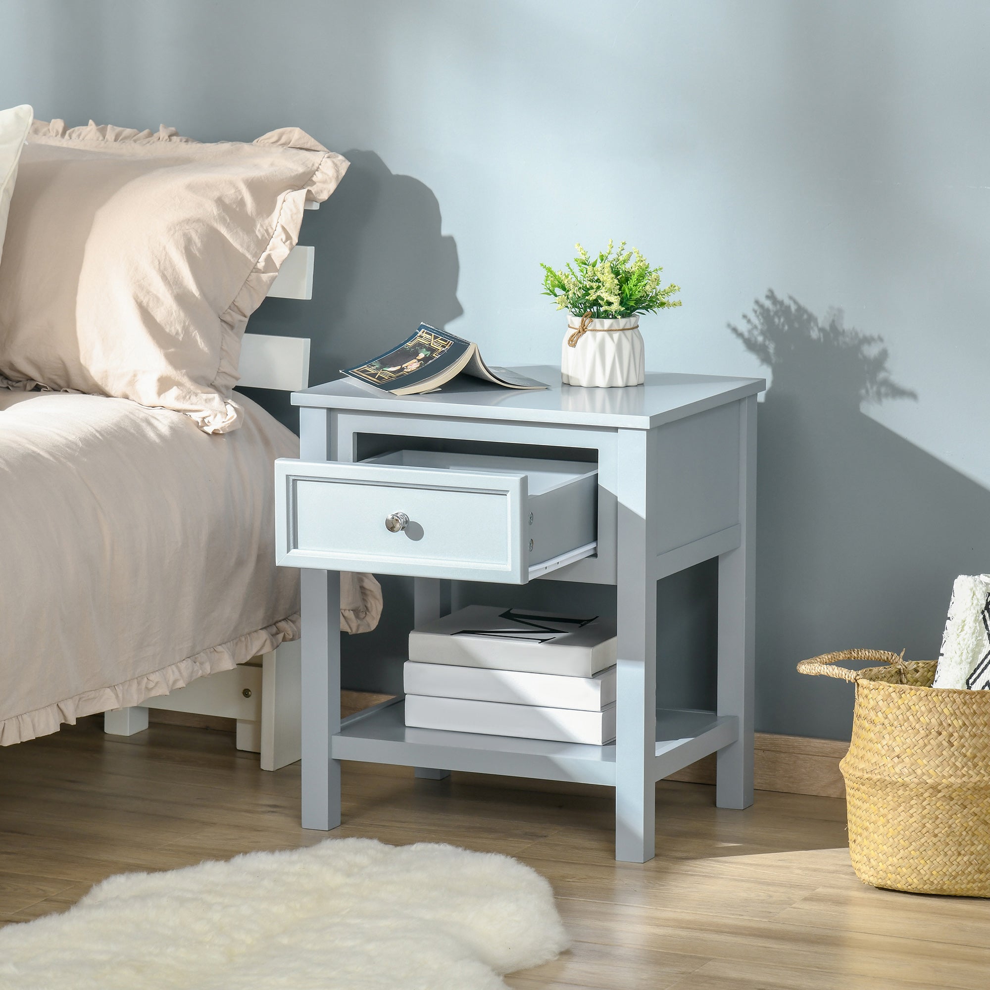 HOMCOM Nightstand, Accent End Table, Side Table with Drawer and Storage Shelf for Bedroom, Grey