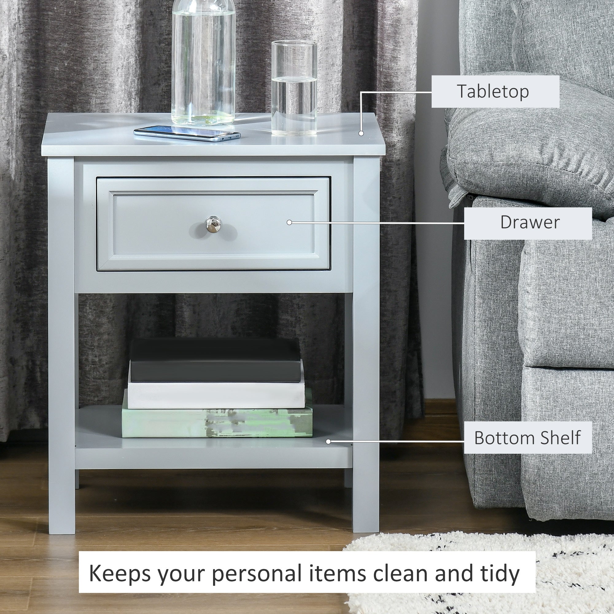 HOMCOM Nightstand, Accent End Table, Side Table with Drawer and Storage Shelf for Bedroom, Grey