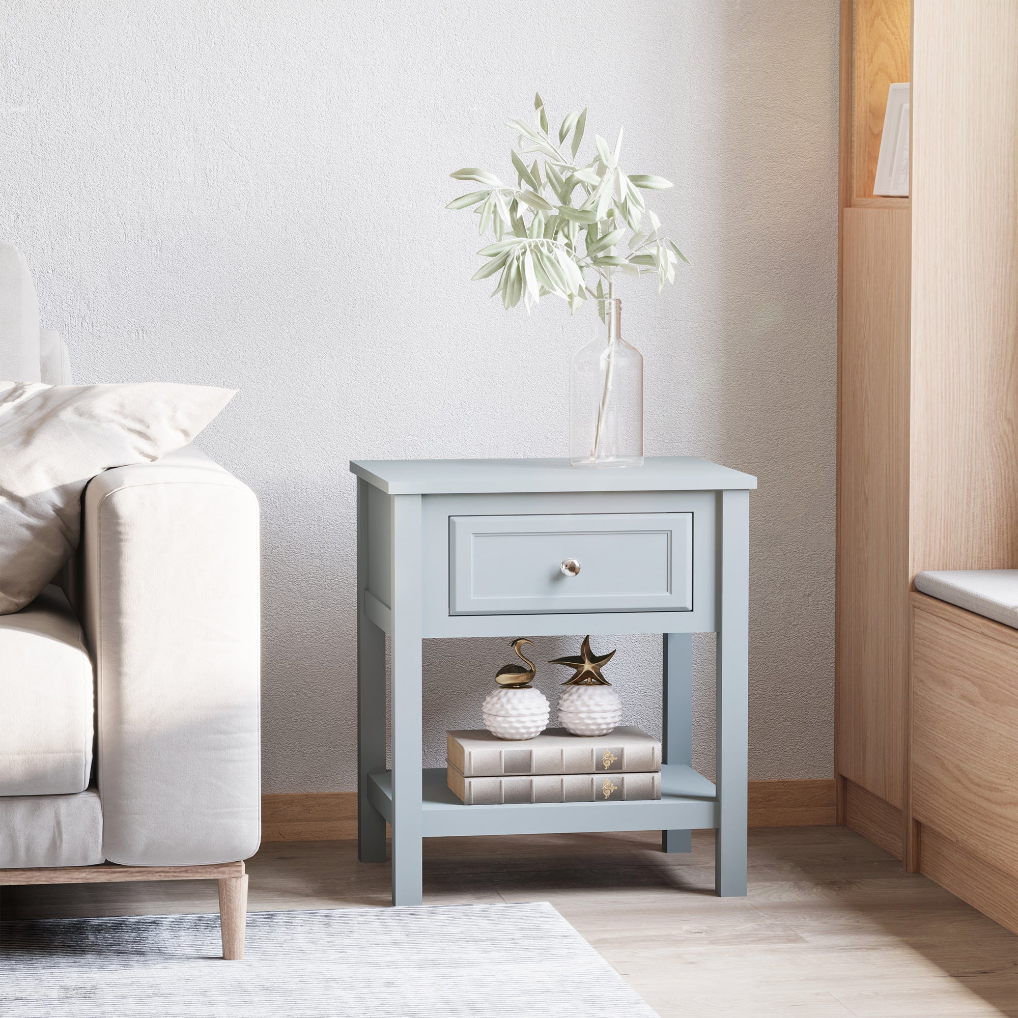 HOMCOM Nightstand, Accent End Table, Side Table with Drawer and Storage Shelf for Bedroom, Grey