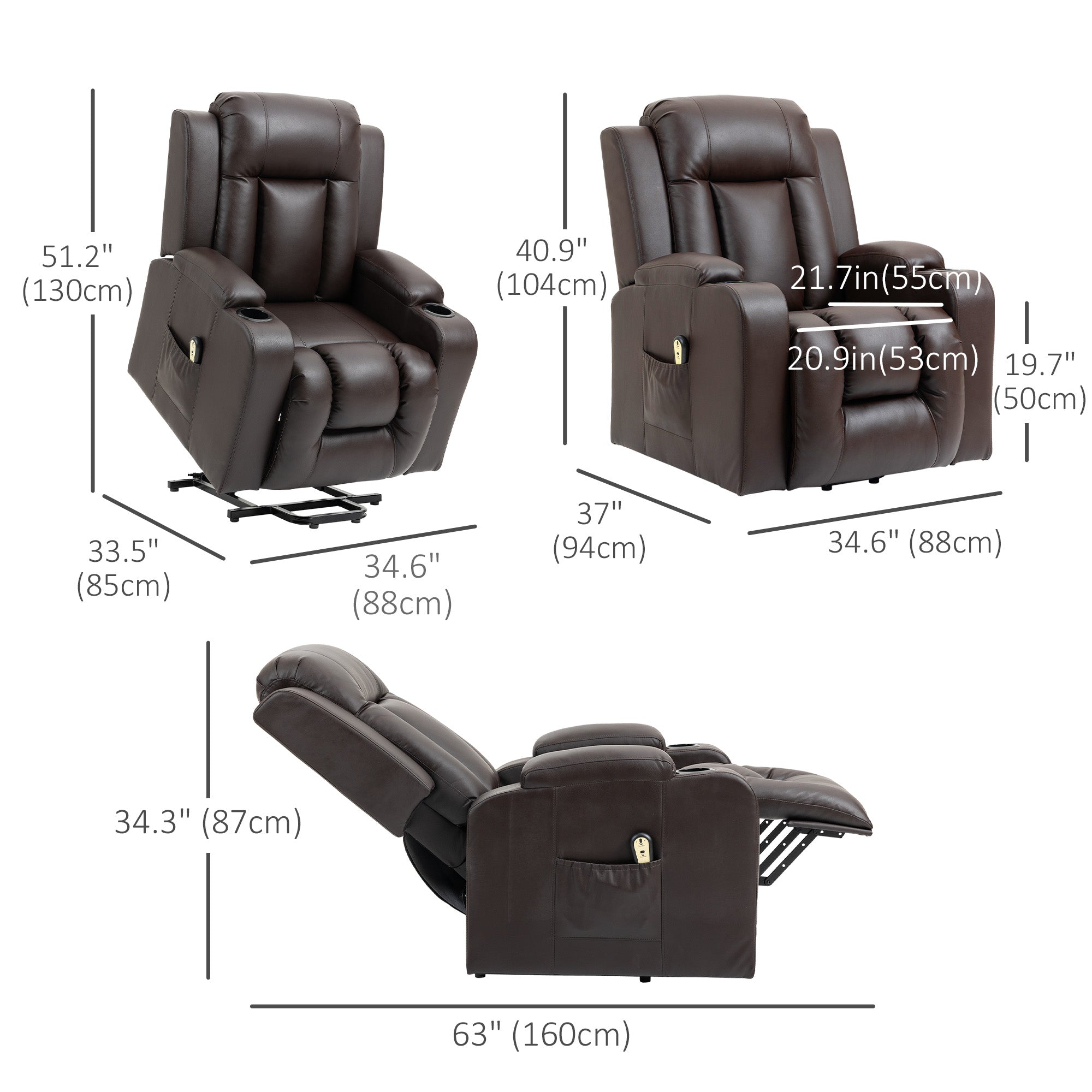 HOMCOM Electric Power Lift Chair, PU Leather Recliner Sofa with Footrest, Remote Control and Cup Holders, Brown