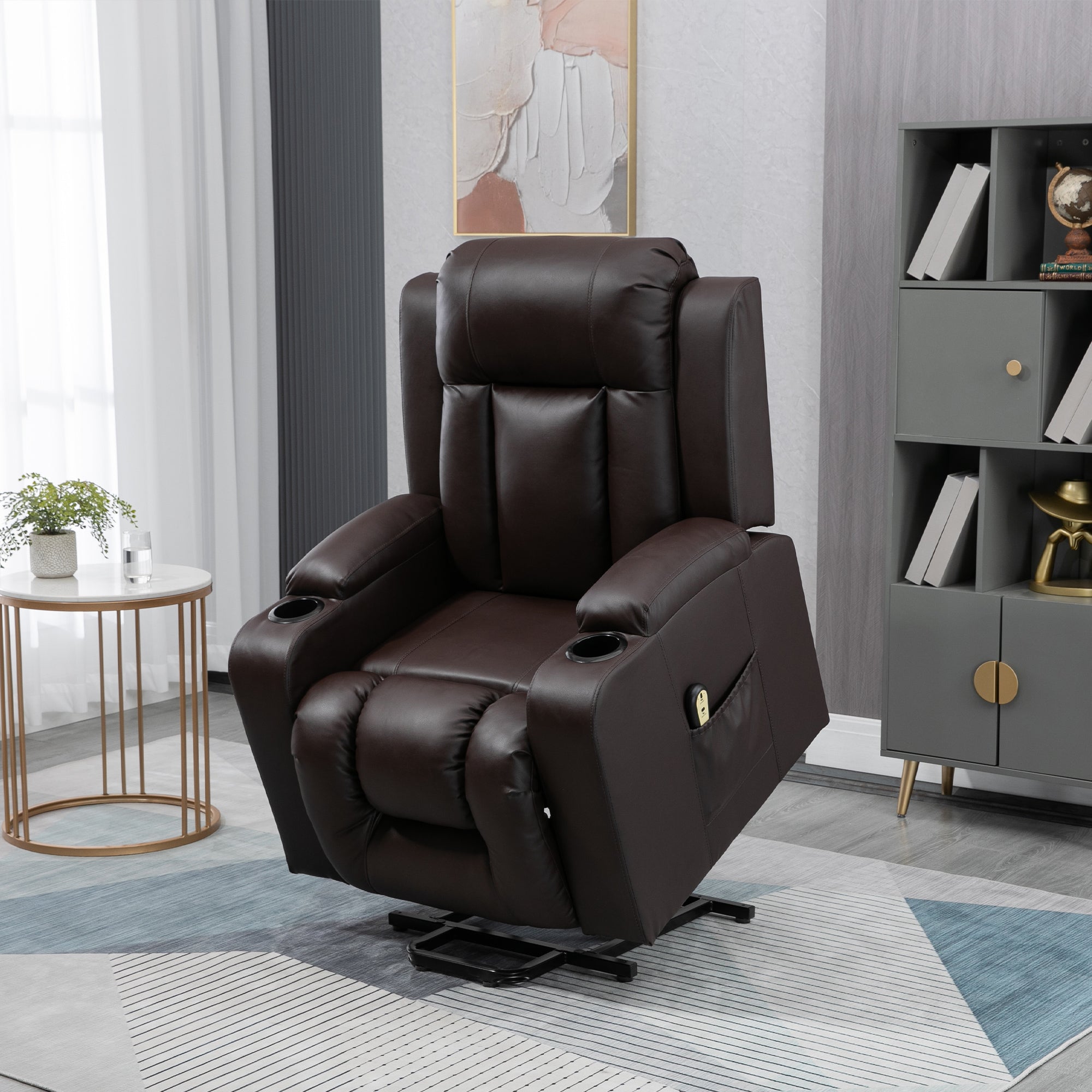 HOMCOM Electric Power Lift Chair, PU Leather Recliner Sofa with Footrest, Remote Control and Cup Holders, Brown