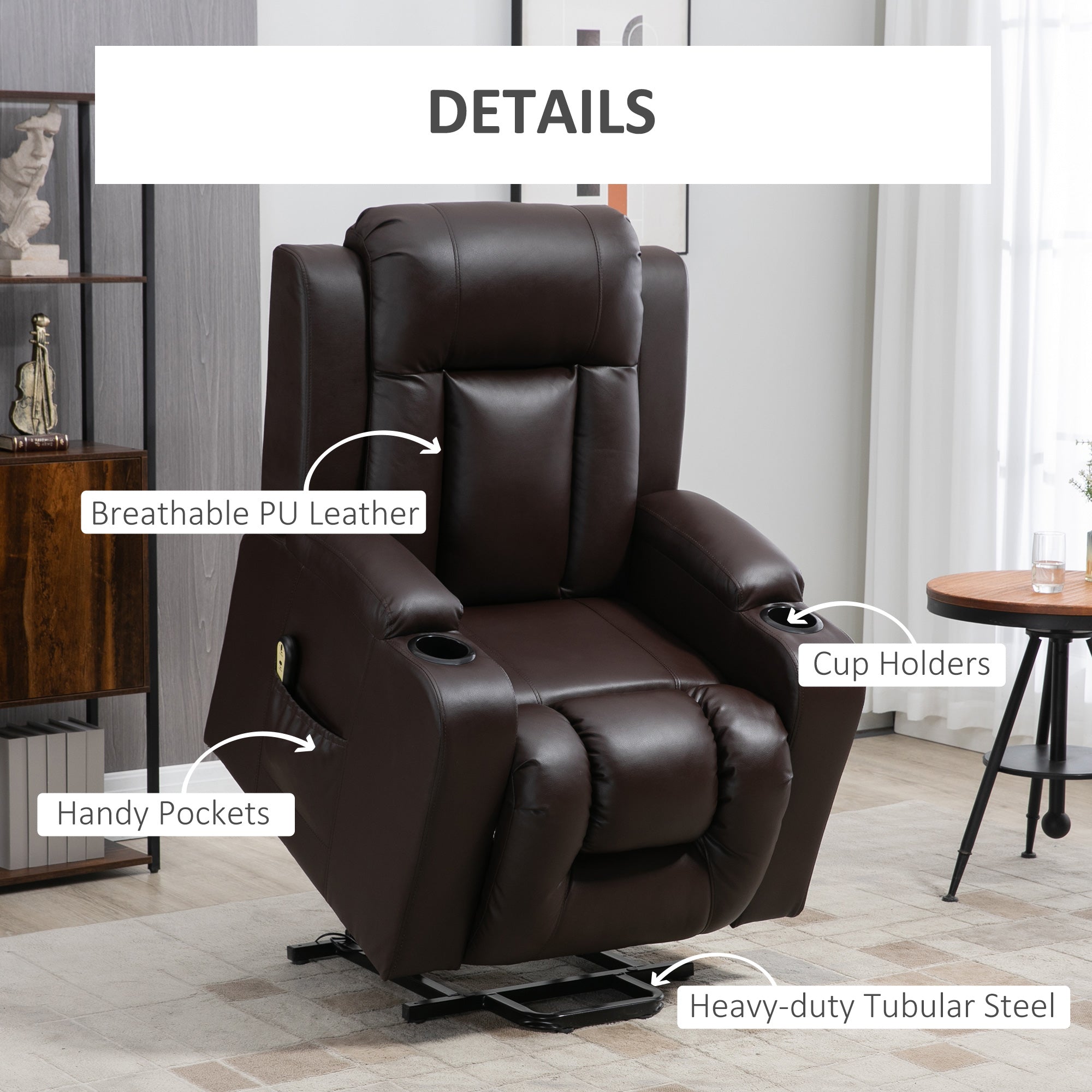 HOMCOM Electric Power Lift Chair, PU Leather Recliner Sofa with Footrest, Remote Control and Cup Holders, Brown