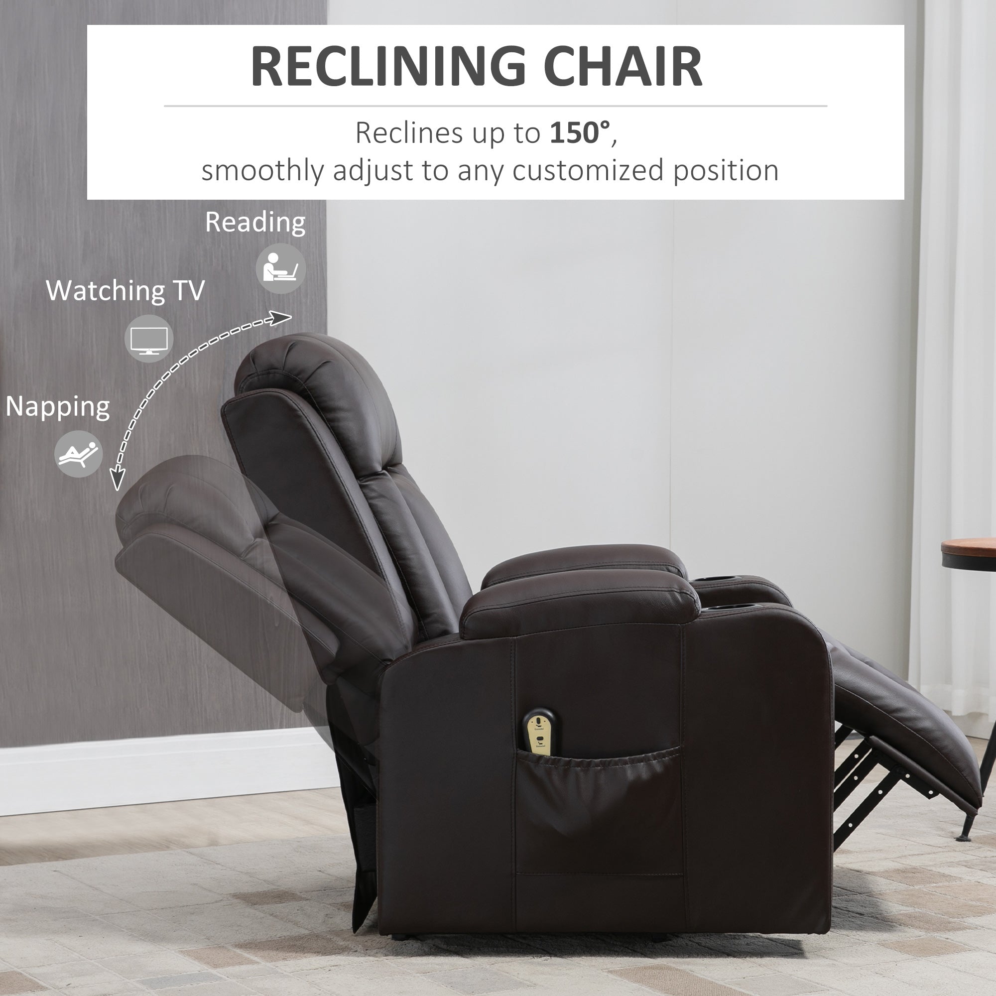 HOMCOM Electric Power Lift Chair, PU Leather Recliner Sofa with Footrest, Remote Control and Cup Holders, Brown