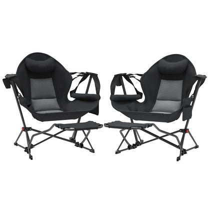 Outsunny Hammock Camping Chair Set of 2, Adjustable Back Folding Swinging Hammock Chair Rocker with Cup Holder, Headrest, Removable Footrest, Padded Seat for Travel Sports, Black