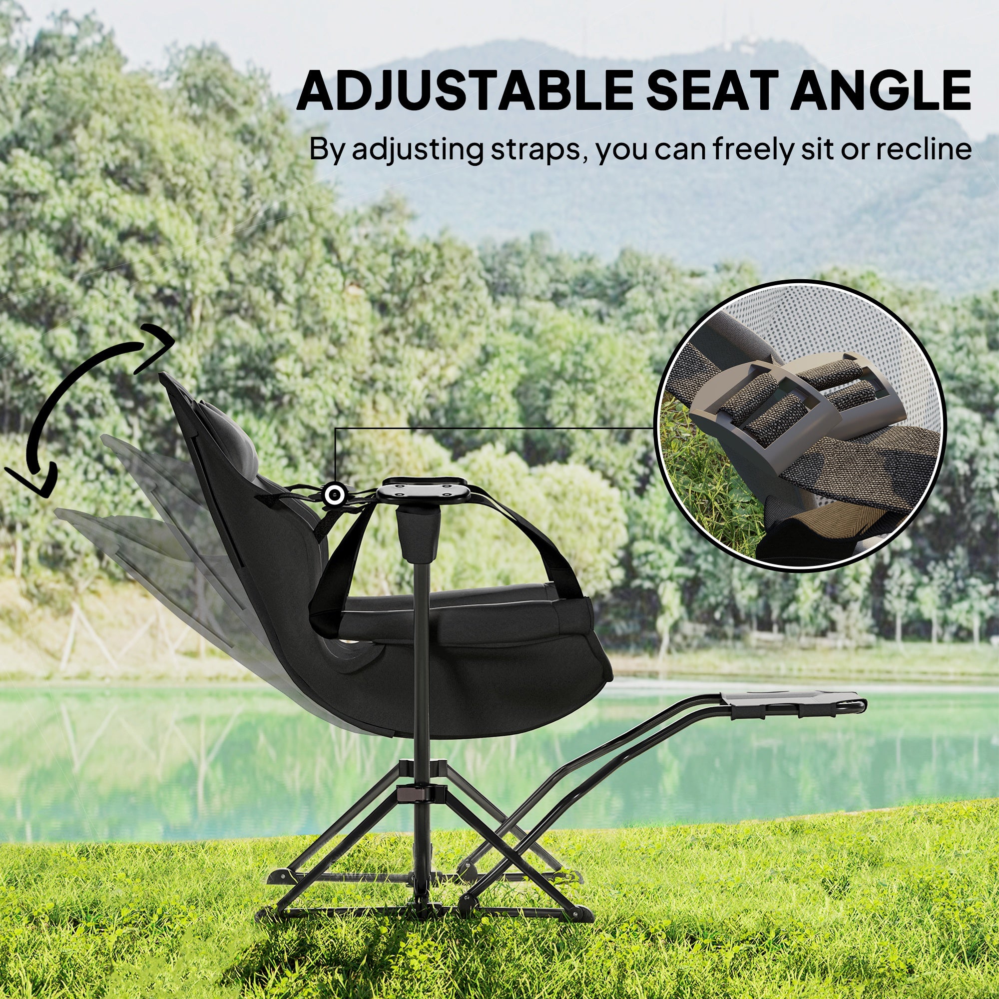 Outsunny Hammock Camping Chair Set of 2, Adjustable Back Folding Swinging Hammock Chair Rocker with Cup Holder, Headrest, Removable Footrest, Padded Seat for Travel Sports, Black