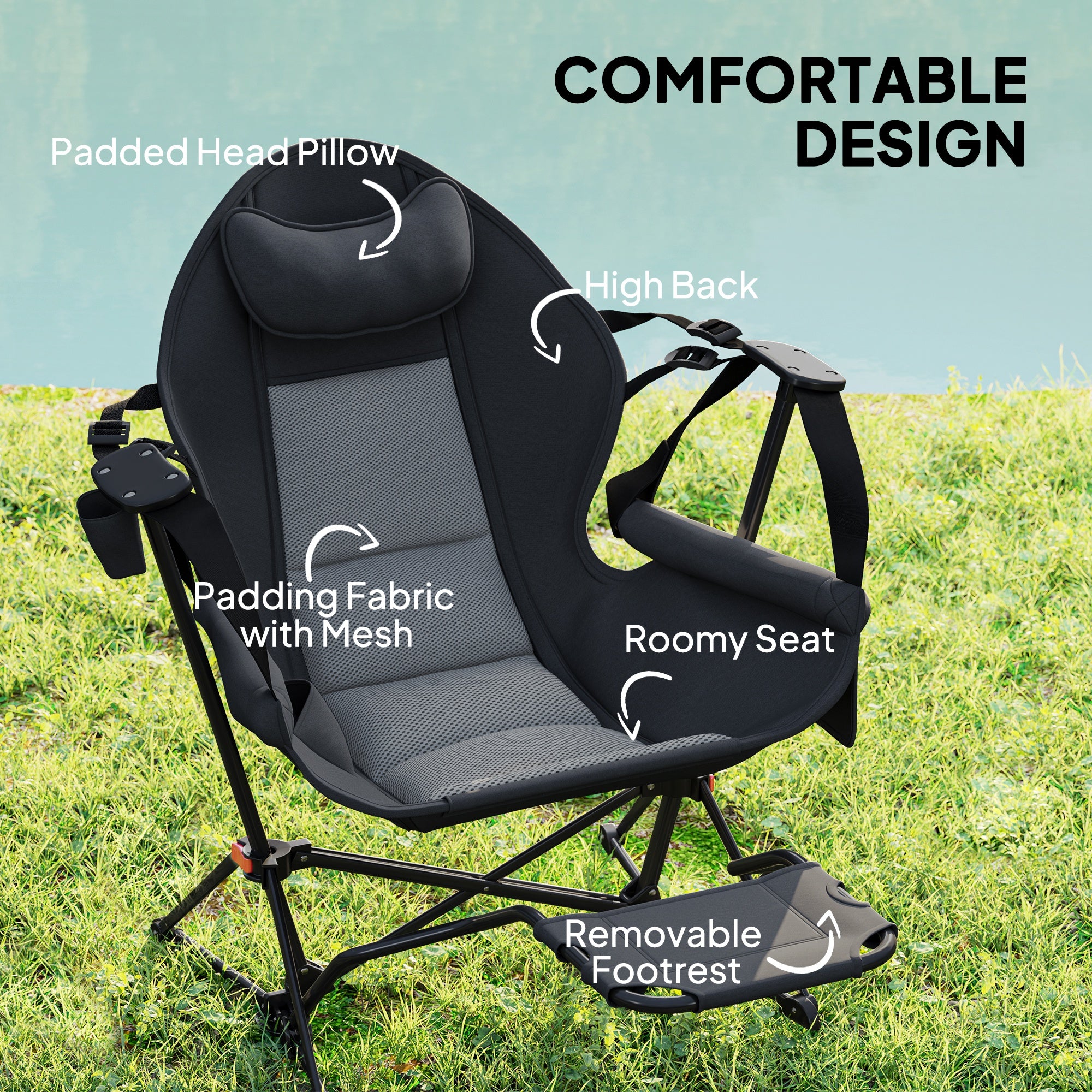 Outsunny Hammock Camping Chair Set of 2, Adjustable Back Folding Swinging Hammock Chair Rocker with Cup Holder, Headrest, Removable Footrest, Padded Seat for Travel Sports, Black