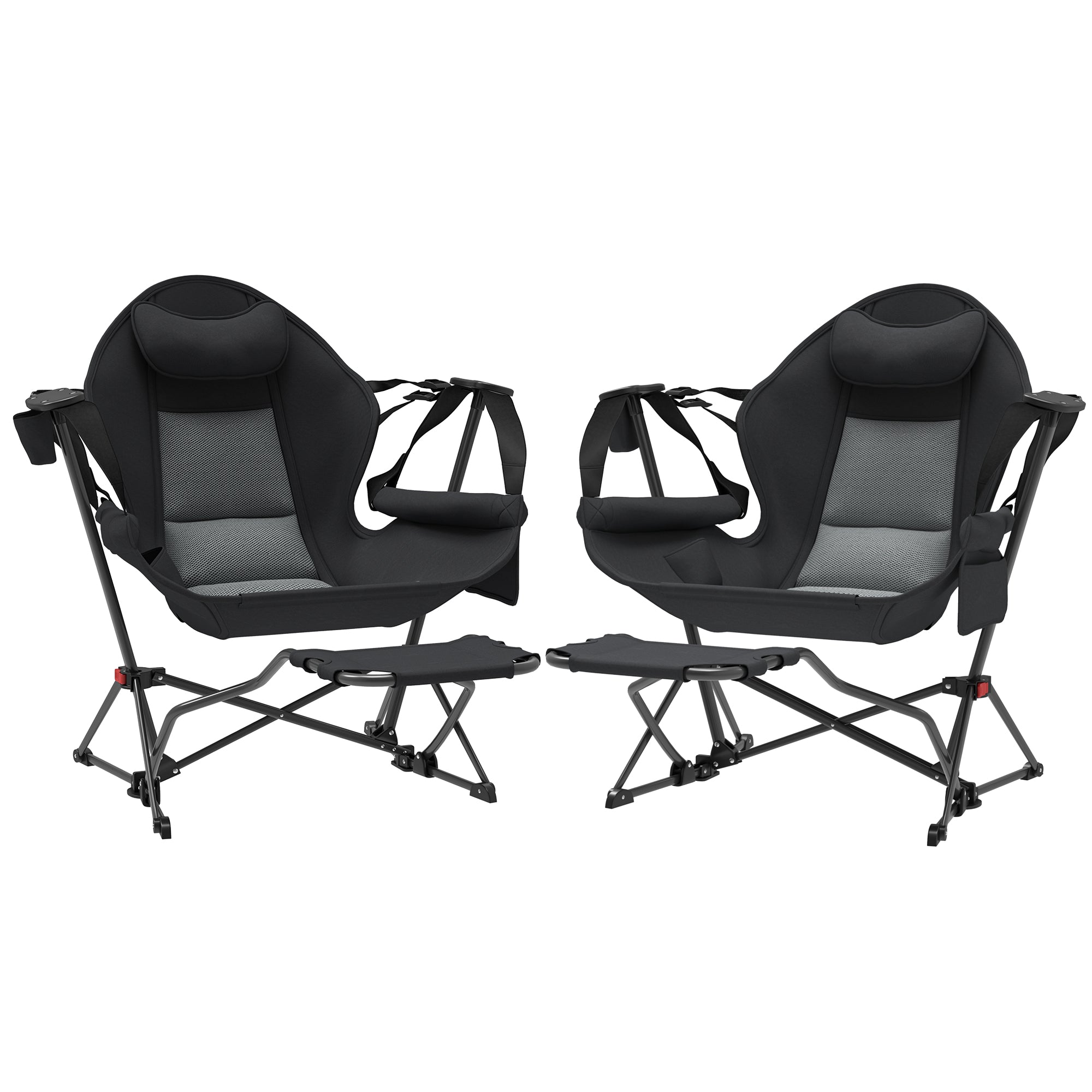Outsunny Hammock Camping Chair Set of 2, Adjustable Back Folding Swinging Hammock Chair Rocker with Cup Holder, Headrest, Removable Footrest, Padded Seat for Travel Sports, Black