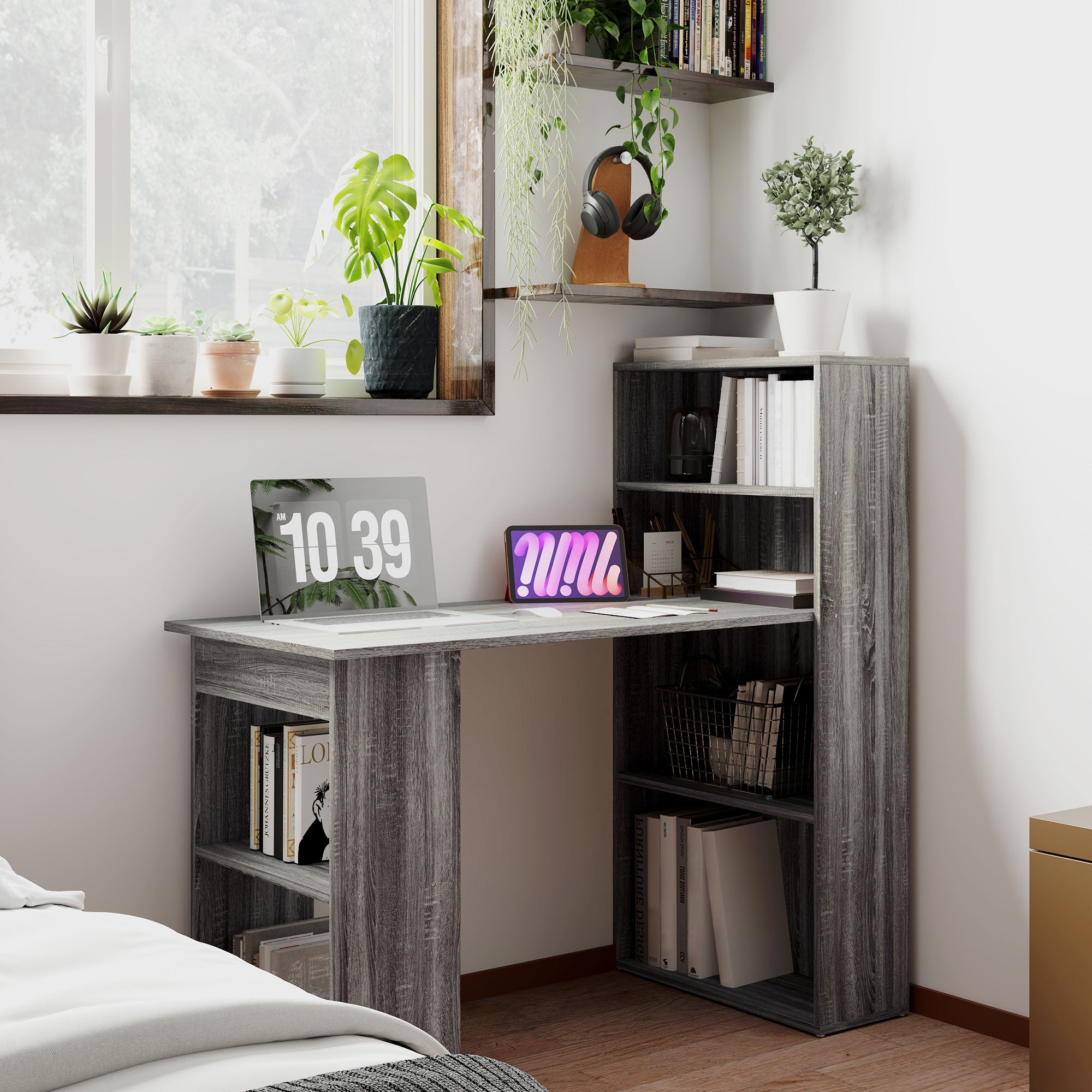 HOMCOM Modern Computer Desk with Storage Shelves, 47" Writing Table Workstation with Bookshelf for Home Office, Grey