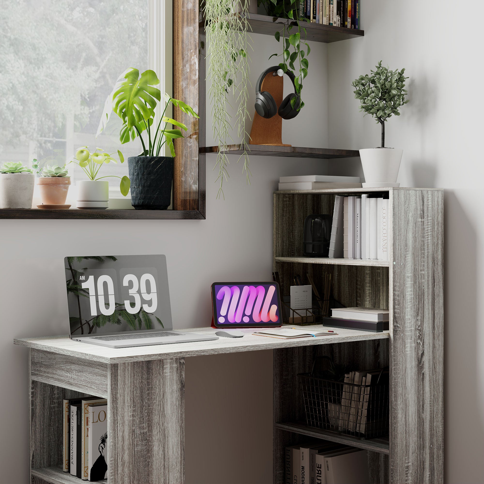 HOMCOM Modern Computer Desk with Storage Shelves, 47" Writing Table Workstation with Bookshelf for Home Office, Grey