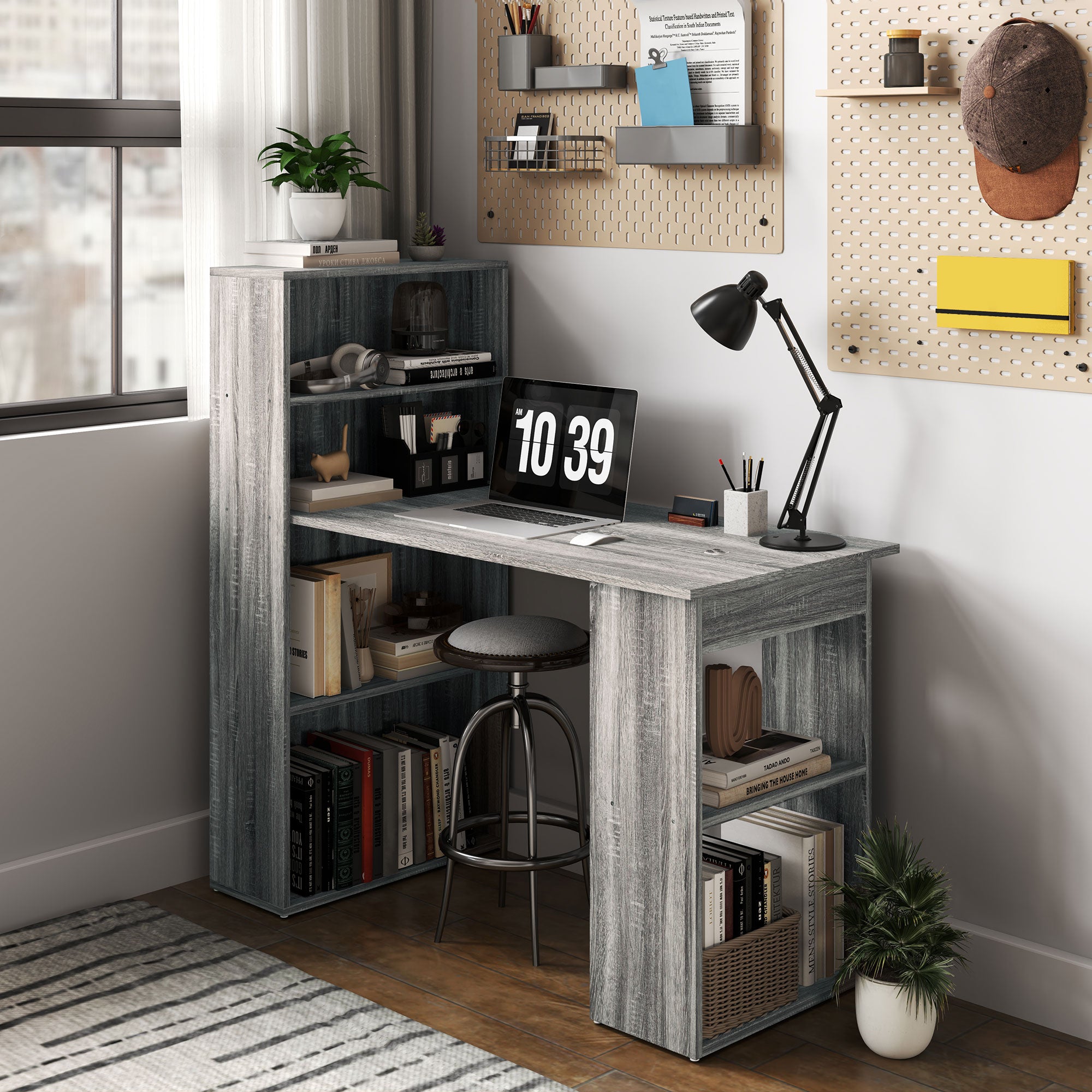 HOMCOM Modern Computer Desk with Storage Shelves, 47" Writing Table Workstation with Bookshelf for Home Office, Grey