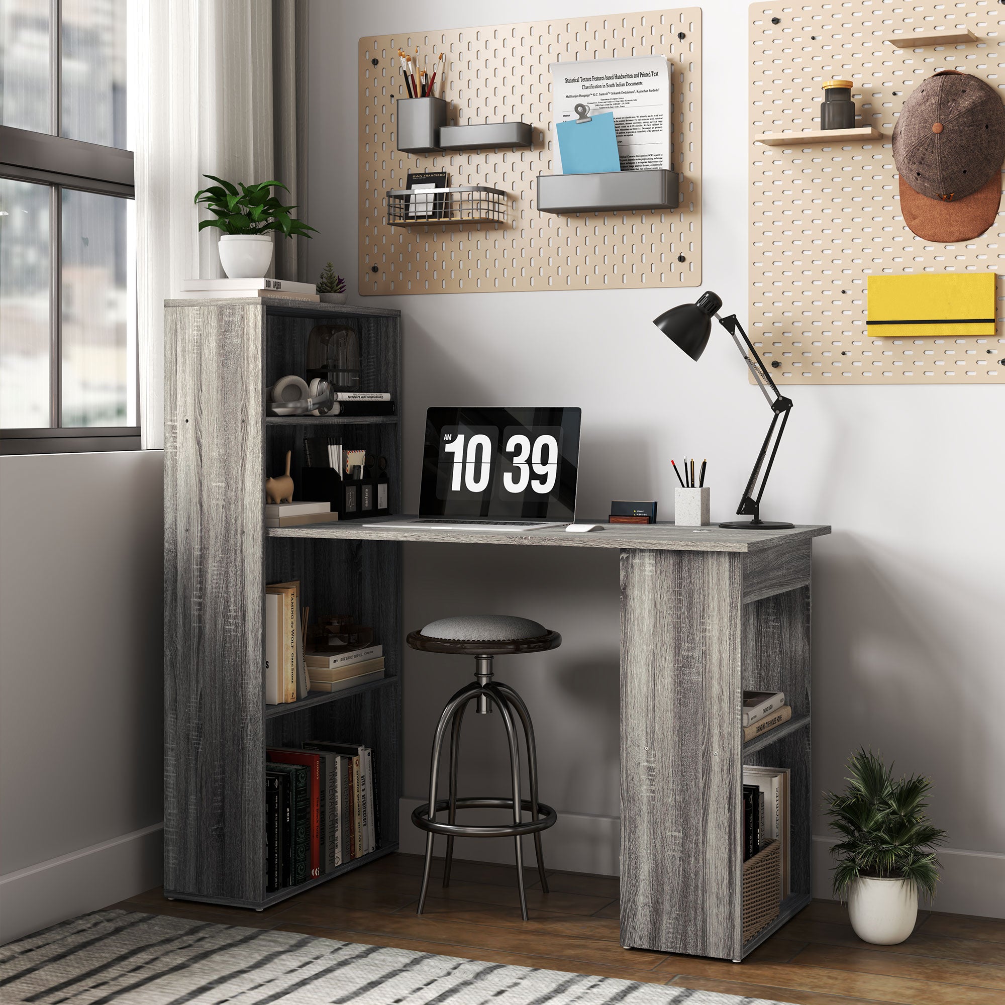 HOMCOM Modern Computer Desk with Storage Shelves, 47" Writing Table Workstation with Bookshelf for Home Office, Grey
