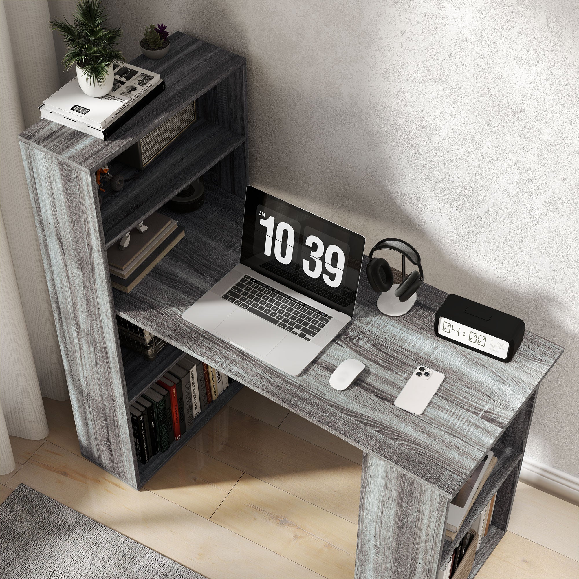 HOMCOM Modern Computer Desk with Storage Shelves, 47" Writing Table Workstation with Bookshelf for Home Office, Grey