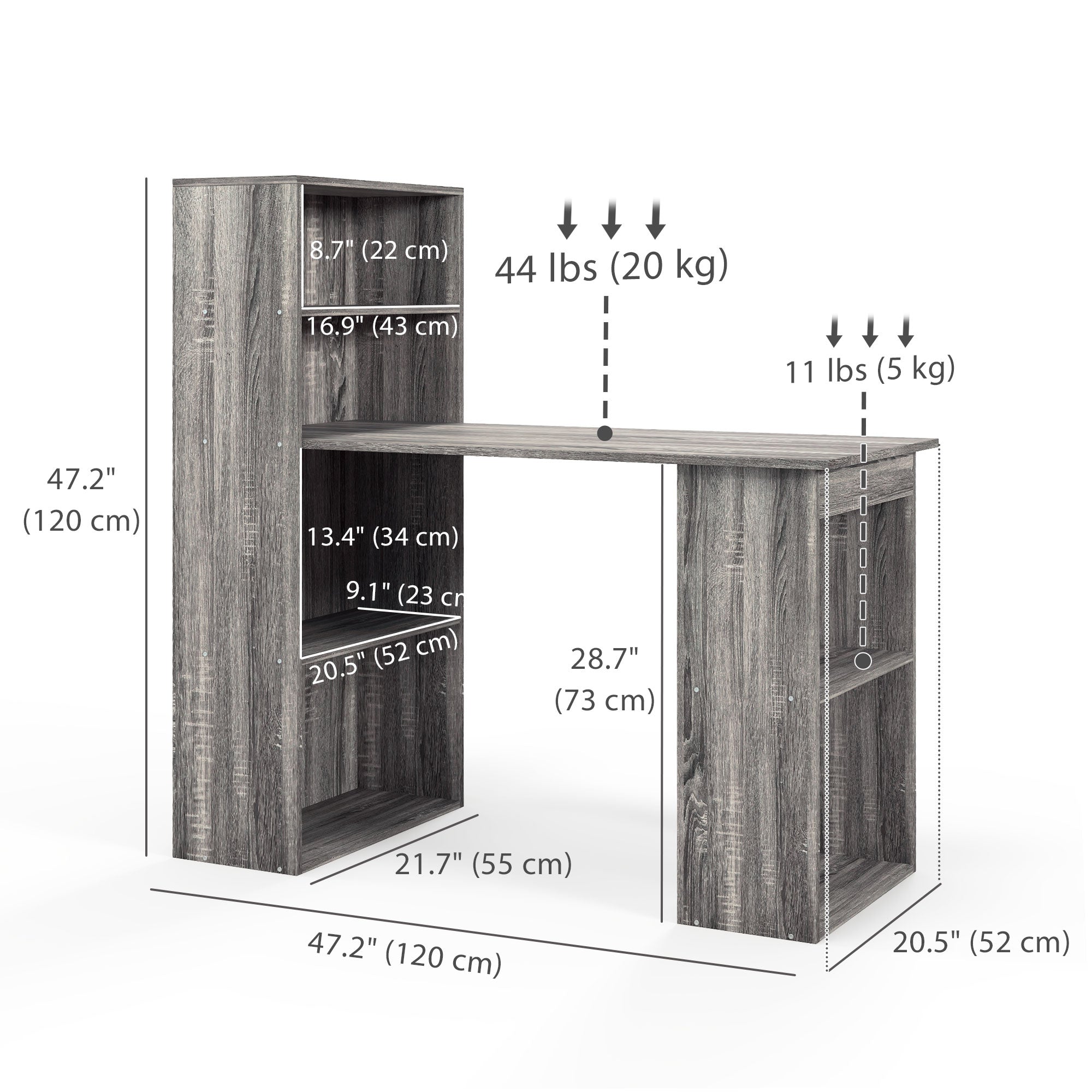 HOMCOM Modern Computer Desk with Storage Shelves, 47" Writing Table Workstation with Bookshelf for Home Office, Grey