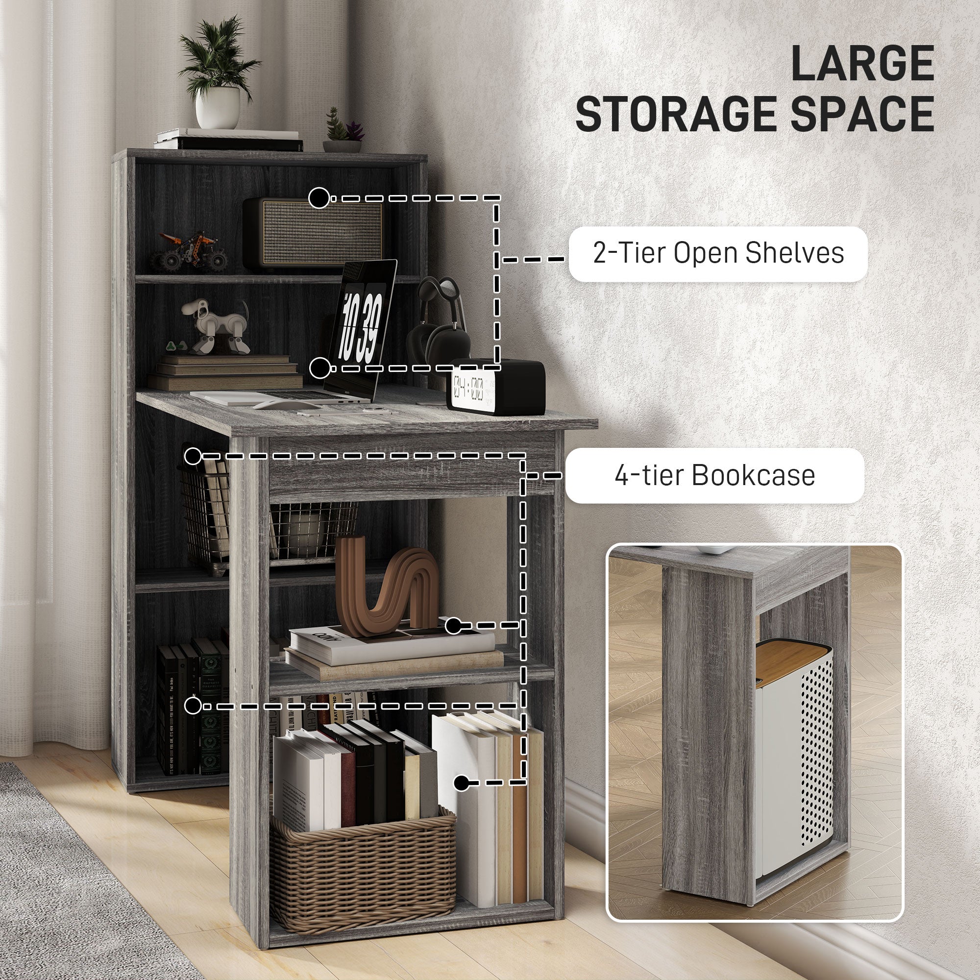 HOMCOM Modern Computer Desk with Storage Shelves, 47" Writing Table Workstation with Bookshelf for Home Office, Grey