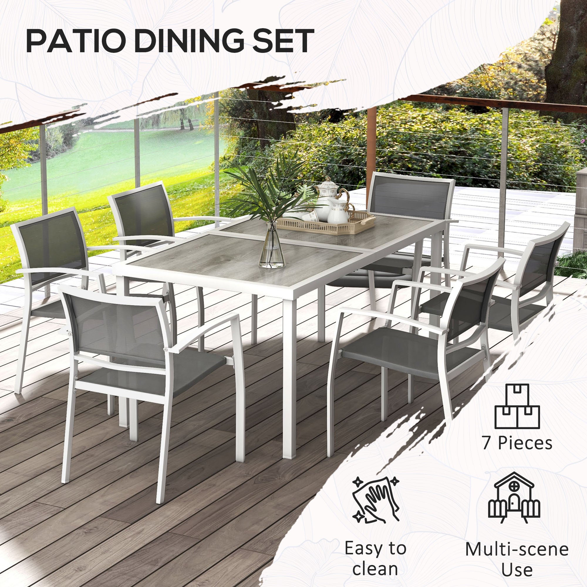 Outsunny 7 Pieces Patio Dining Set for 6 with Stackable Chairs, Outdoor Table and Chairs with Plastic Top, Breathable Mesh Seat and Back for Garden, Patio, Backyard, White and Grey