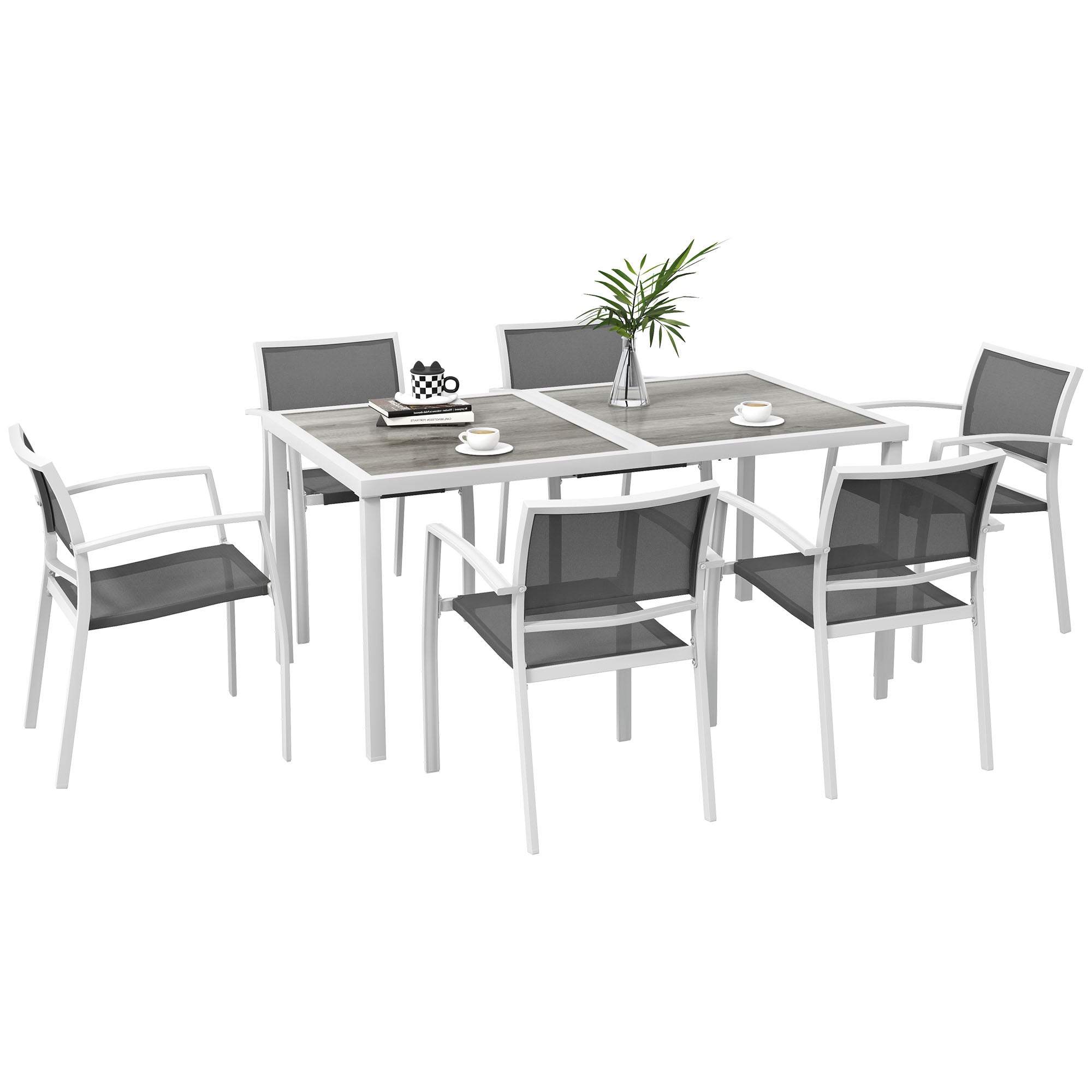 Outsunny 7 Pieces Patio Dining Set for 6 with Stackable Chairs, Outdoor Table and Chairs with Plastic Top, Breathable Mesh Seat and Back for Garden, Patio, Backyard, White and Grey