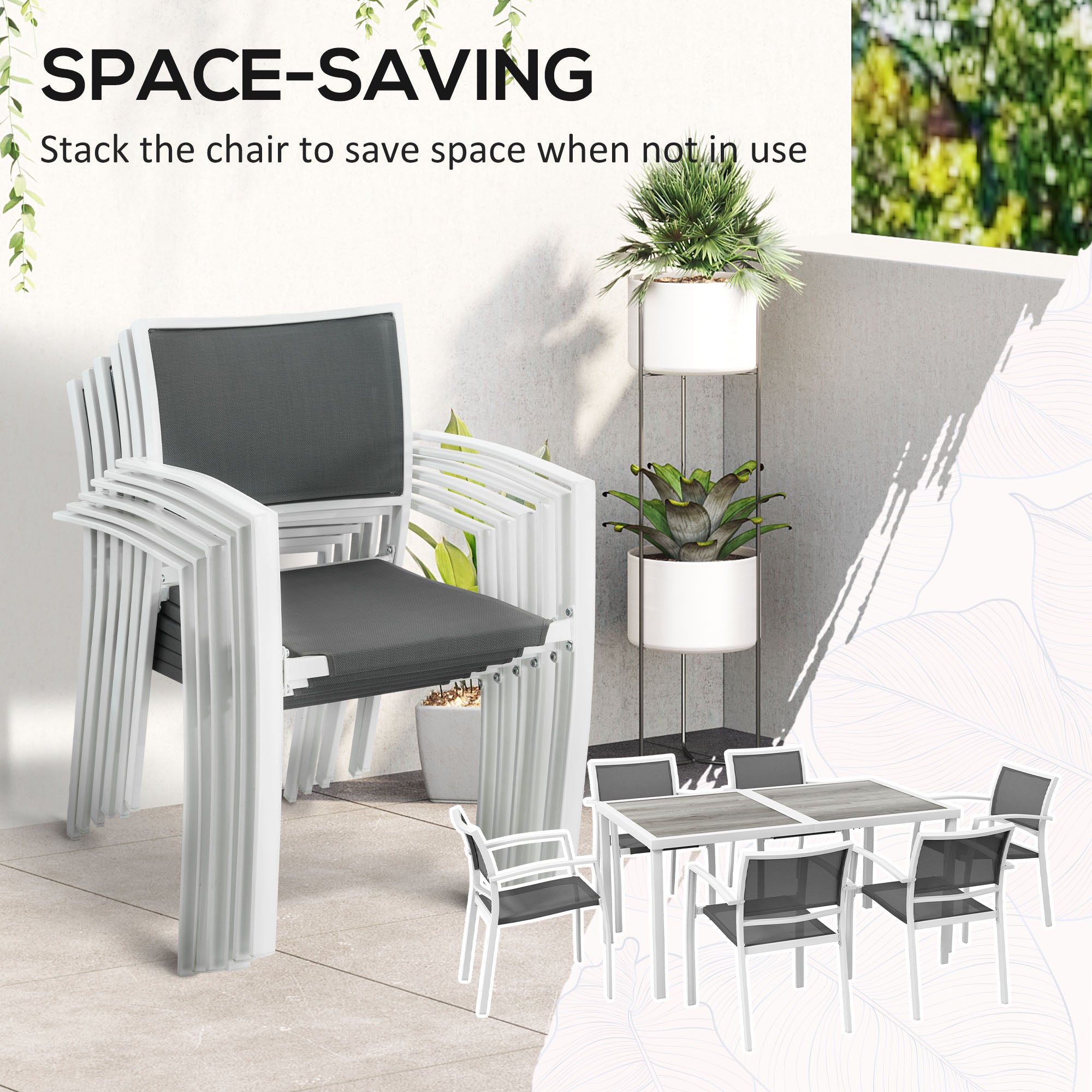 Outsunny 7 Pieces Patio Dining Set for 6 with Stackable Chairs, Outdoor Table and Chairs with Plastic Top, Breathable Mesh Seat and Back for Garden, Patio, Backyard, White and Grey