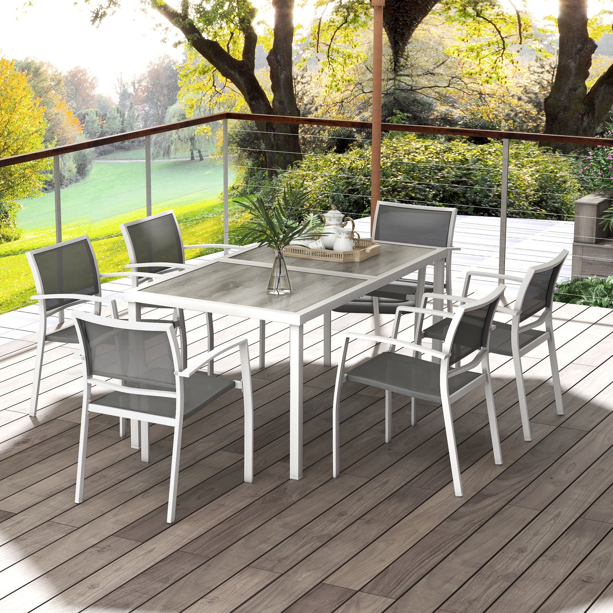 Outsunny 7 Pieces Patio Dining Set for 6 with Stackable Chairs, Outdoor Table and Chairs with Plastic Top, Breathable Mesh Seat and Back for Garden, Patio, Backyard, White and Grey