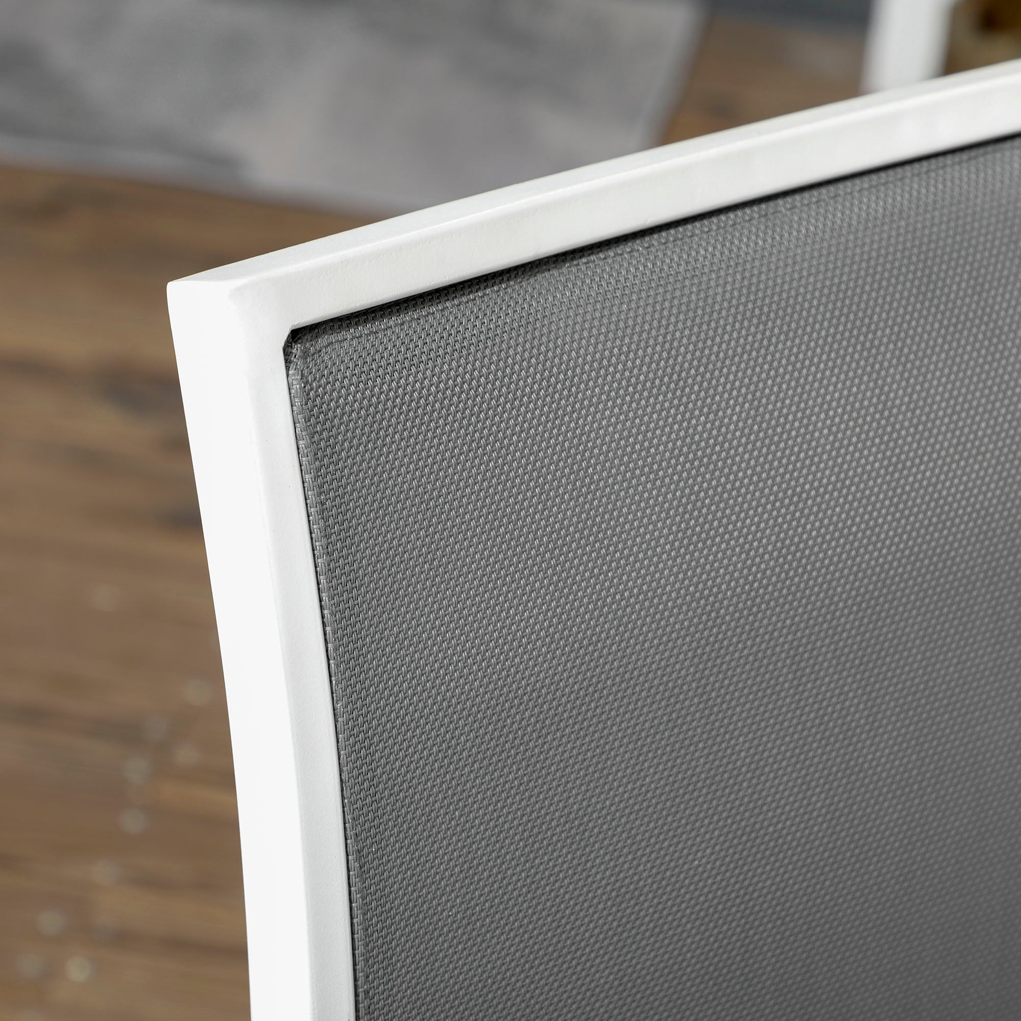 Outsunny 7 Pieces Patio Dining Set for 6 with Stackable Chairs, Outdoor Table and Chairs with Plastic Top, Breathable Mesh Seat and Back for Garden, Patio, Backyard, White and Grey