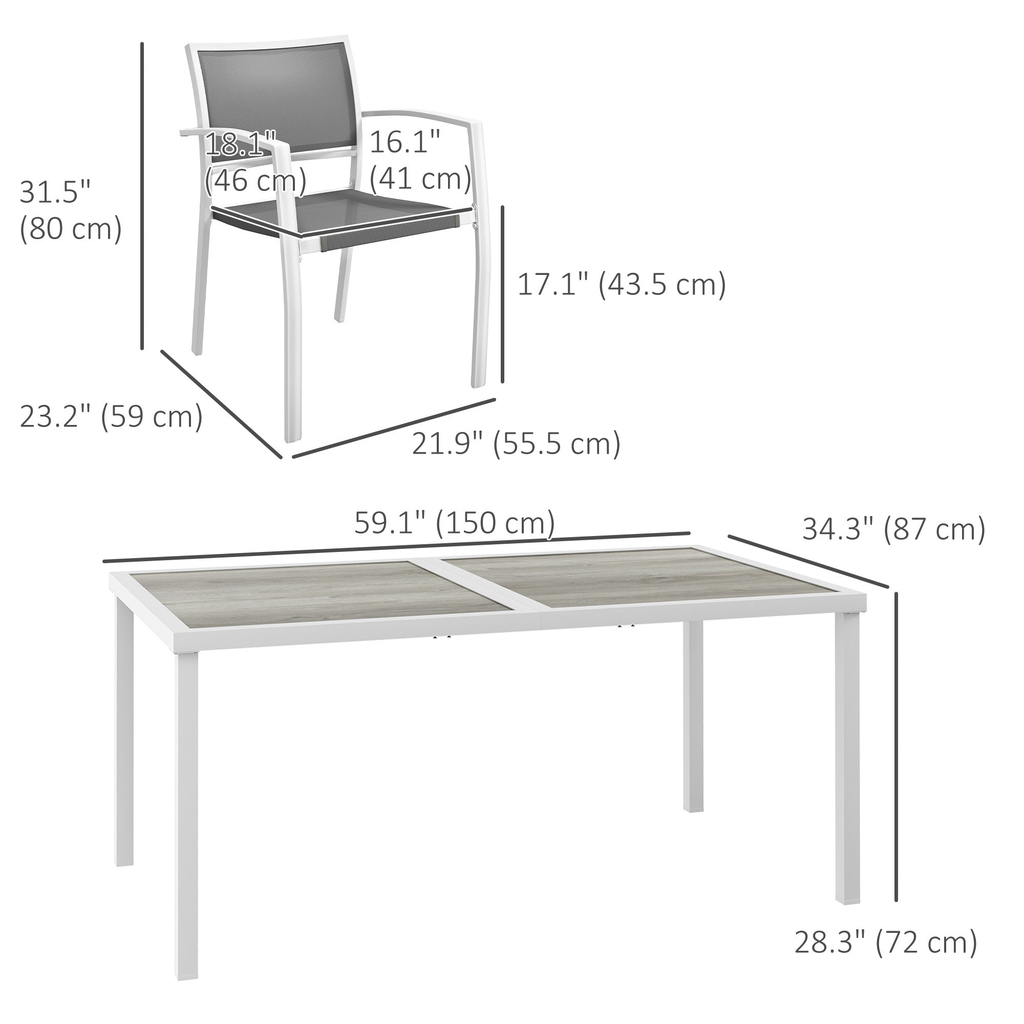 Outsunny 7 Pieces Patio Dining Set for 6 with Stackable Chairs, Outdoor Table and Chairs with Plastic Top, Breathable Mesh Seat and Back for Garden, Patio, Backyard, White and Grey