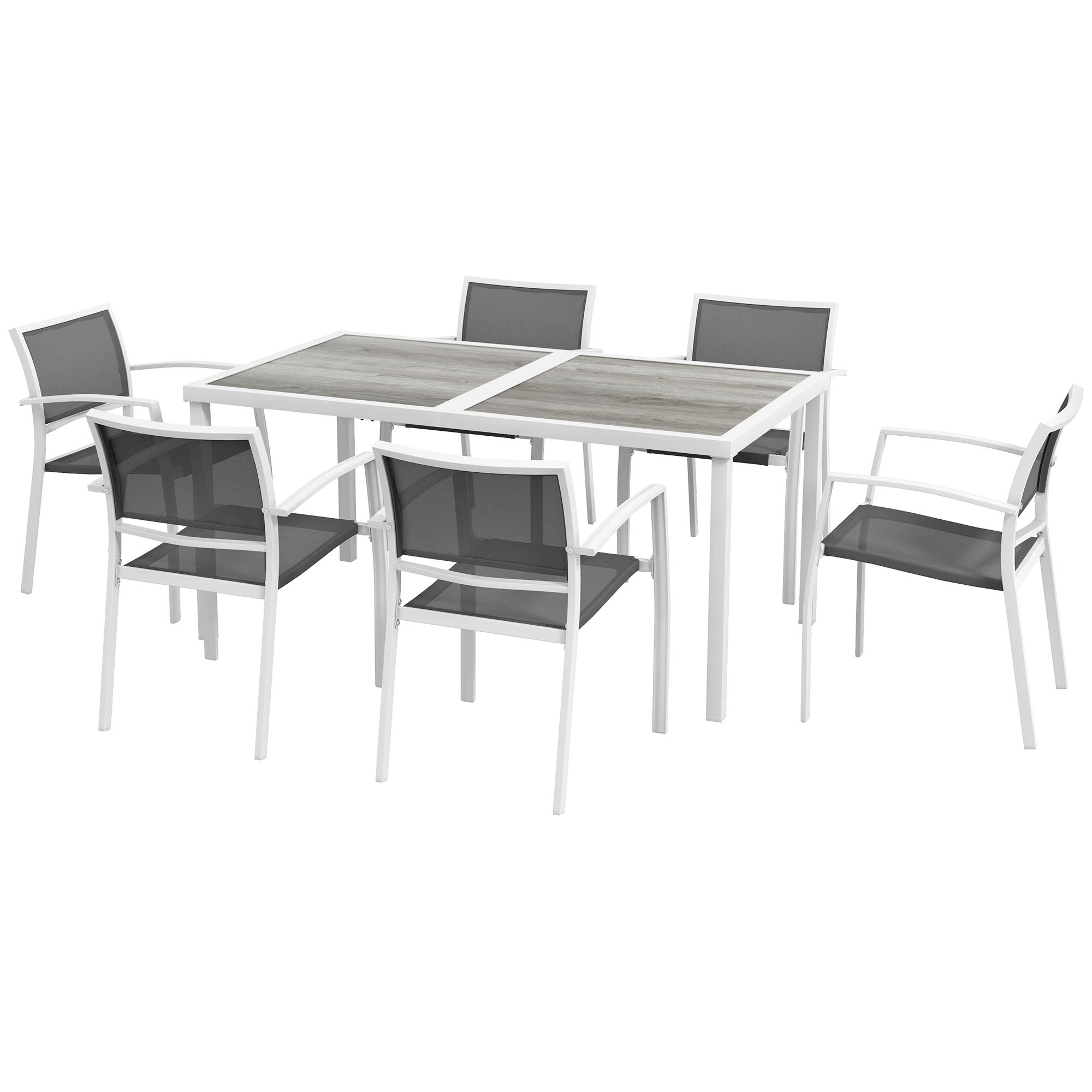 Outsunny 7 Pieces Patio Dining Set for 6 with Stackable Chairs, Outdoor Table and Chairs with Plastic Top, Breathable Mesh Seat and Back for Garden, Patio, Backyard, White and Grey