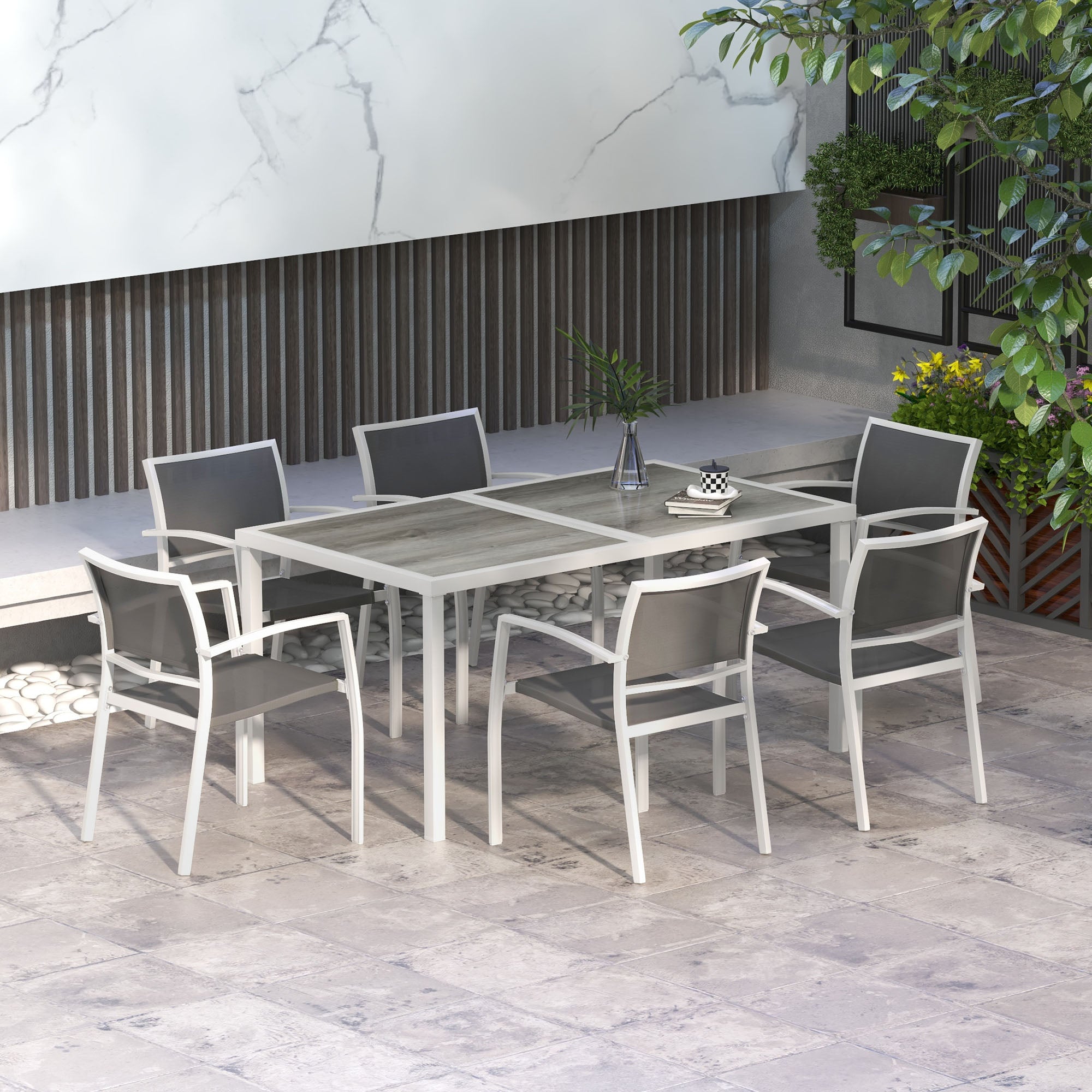 Outsunny 7 Pieces Patio Dining Set for 6 with Stackable Chairs, Outdoor Table and Chairs with Plastic Top, Breathable Mesh Seat and Back for Garden, Patio, Backyard, White and Grey
