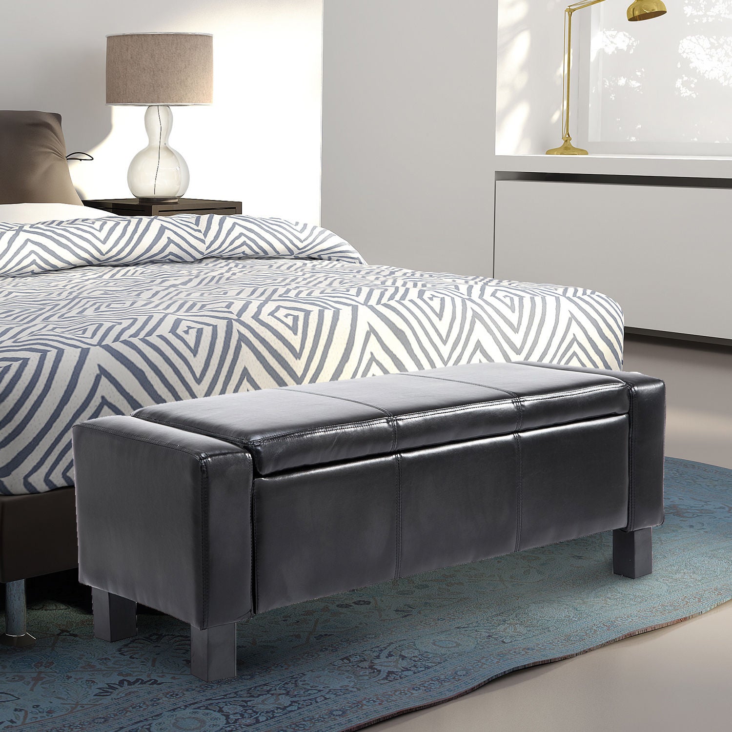 HOMCOM 833-200BK 42” Deluxe Faux Leather Padded Storage Ottoman Bench Foot Stool Seat Chair with Organizer, Black