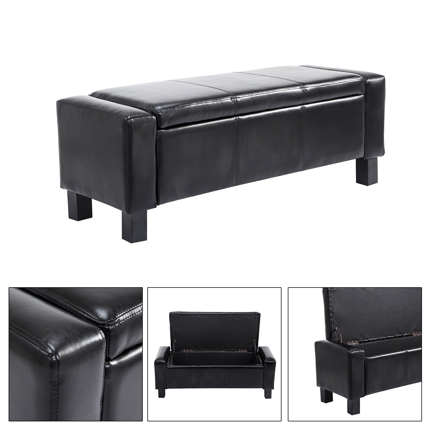 HOMCOM 833-200BK 42” Deluxe Faux Leather Padded Storage Ottoman Bench Foot Stool Seat Chair with Organizer, Black