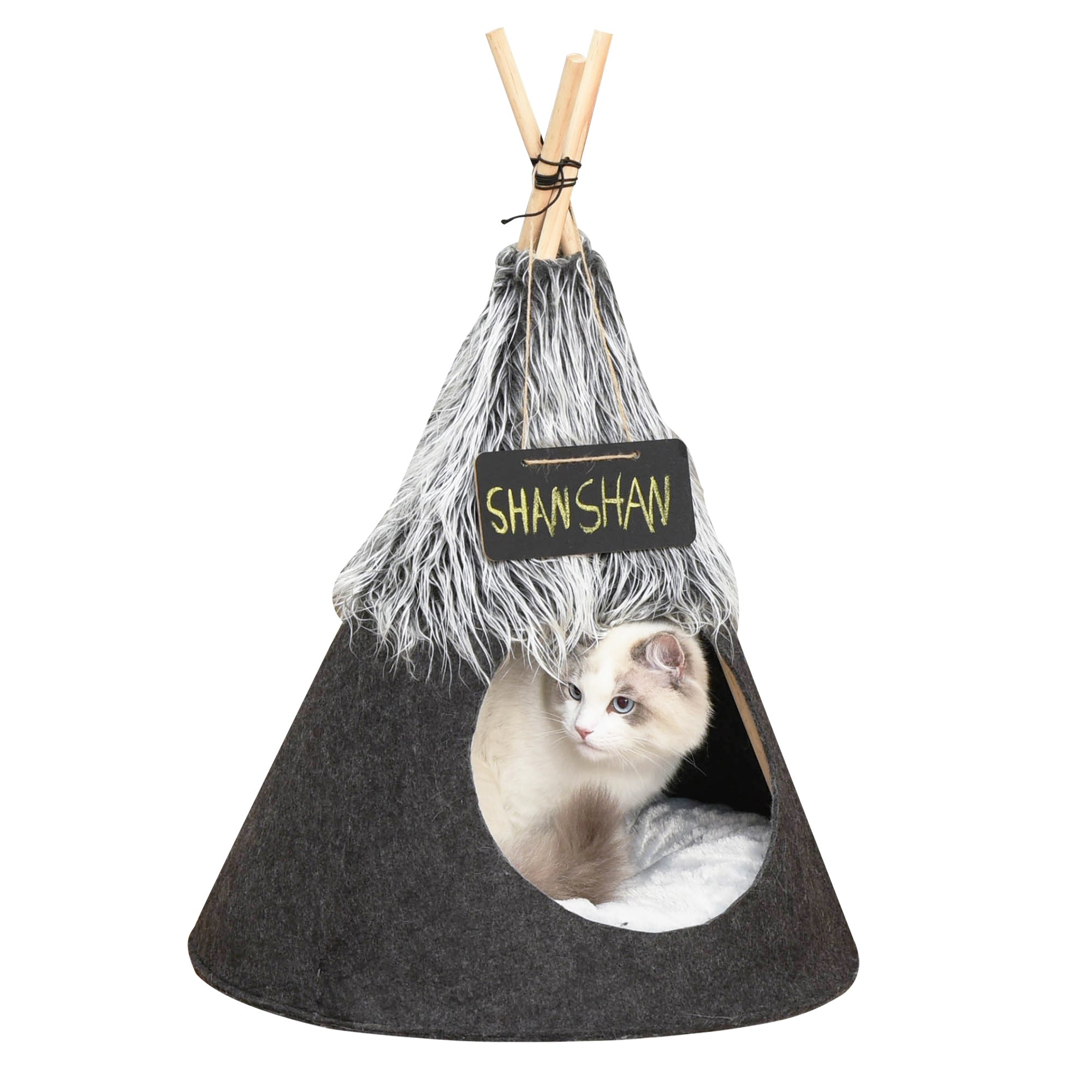 PawHut Pet Teepee Tent Cat Bed Dog House with Thick Cushion Chalkboard for Kitten and Puppy up to 13lbs 28inch Grey