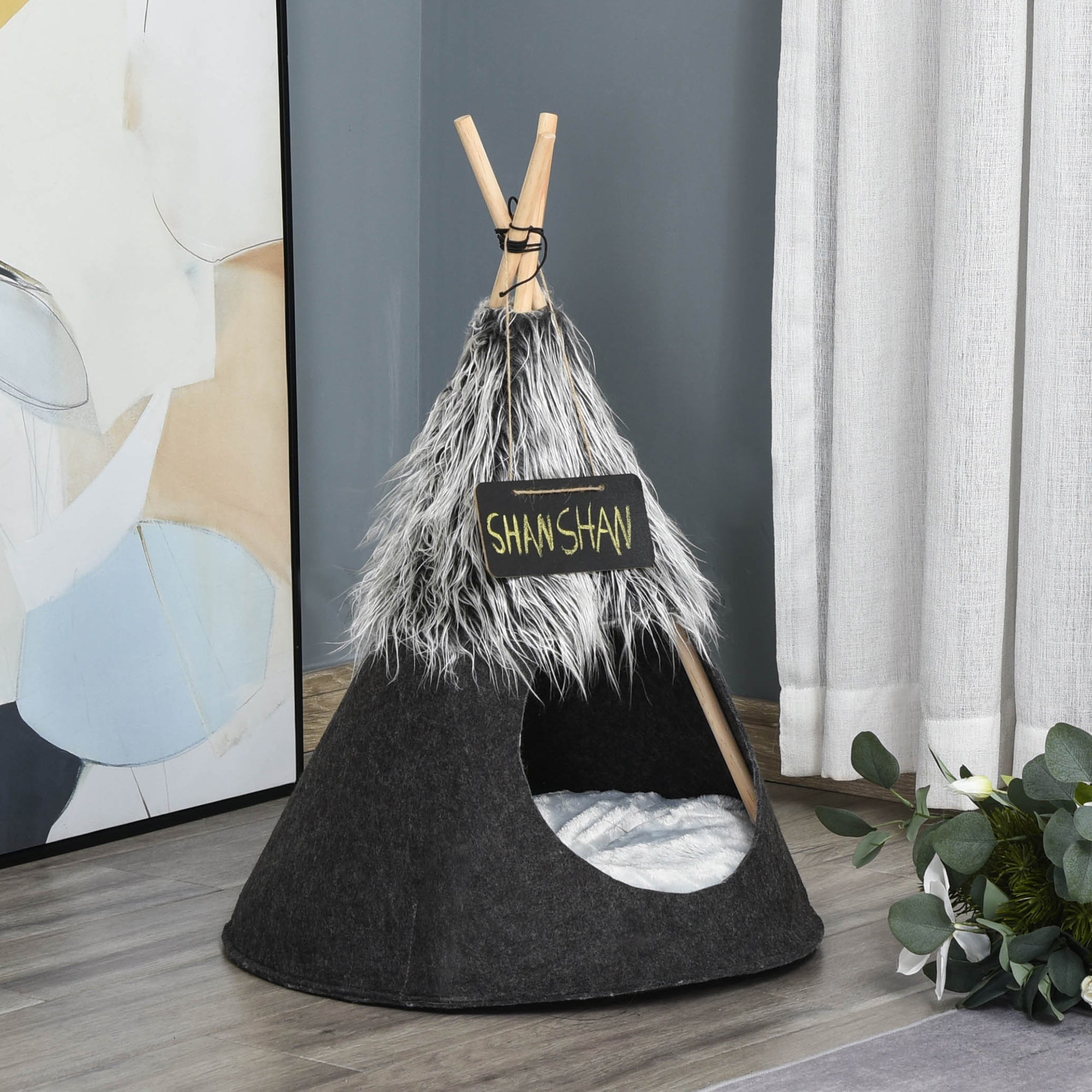 PawHut Pet Teepee Tent Cat Bed Dog House with Thick Cushion Chalkboard for Kitten and Puppy up to 13lbs 28inch Grey