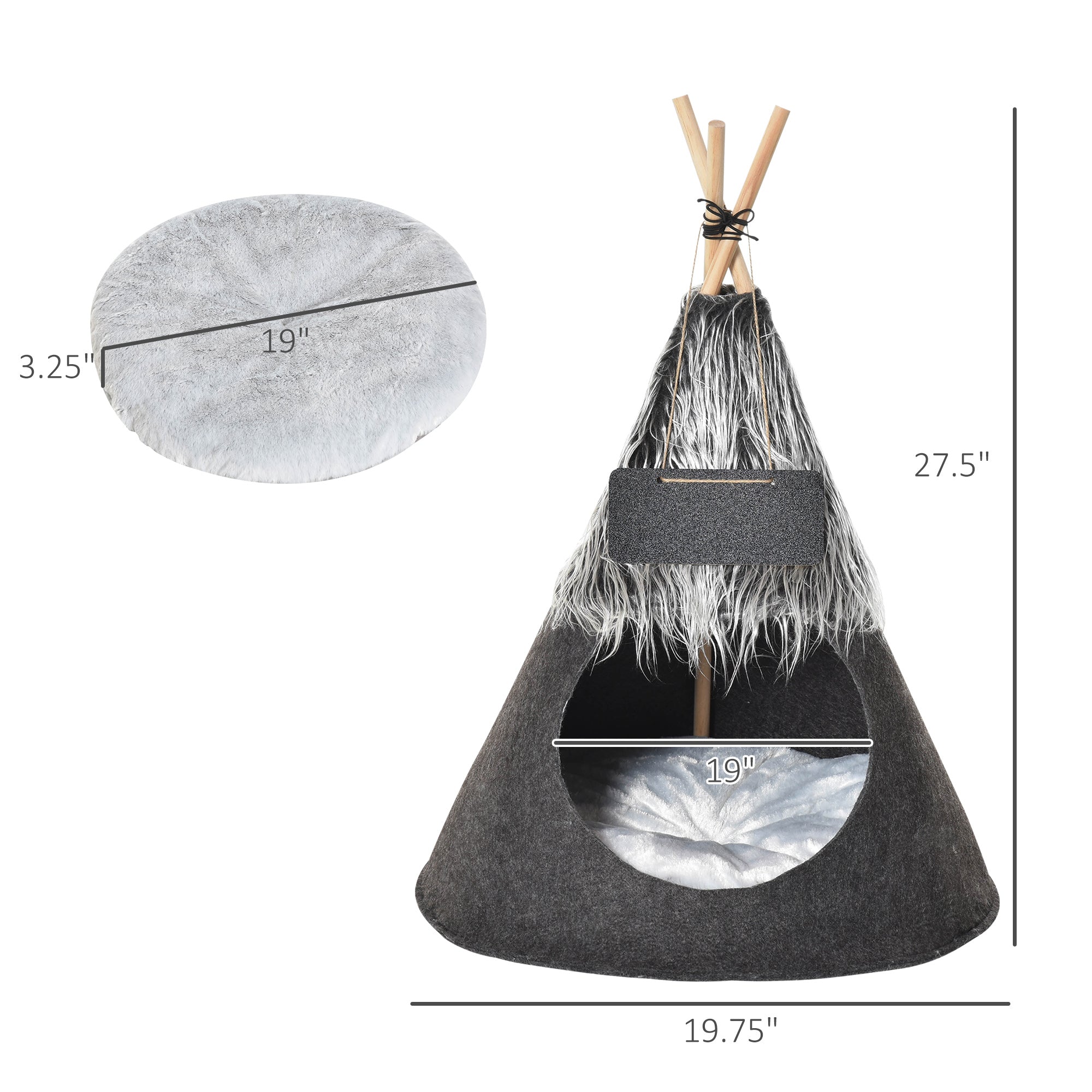 PawHut Pet Teepee Tent Cat Bed Dog House with Thick Cushion Chalkboard for Kitten and Puppy up to 13lbs 28inch Grey