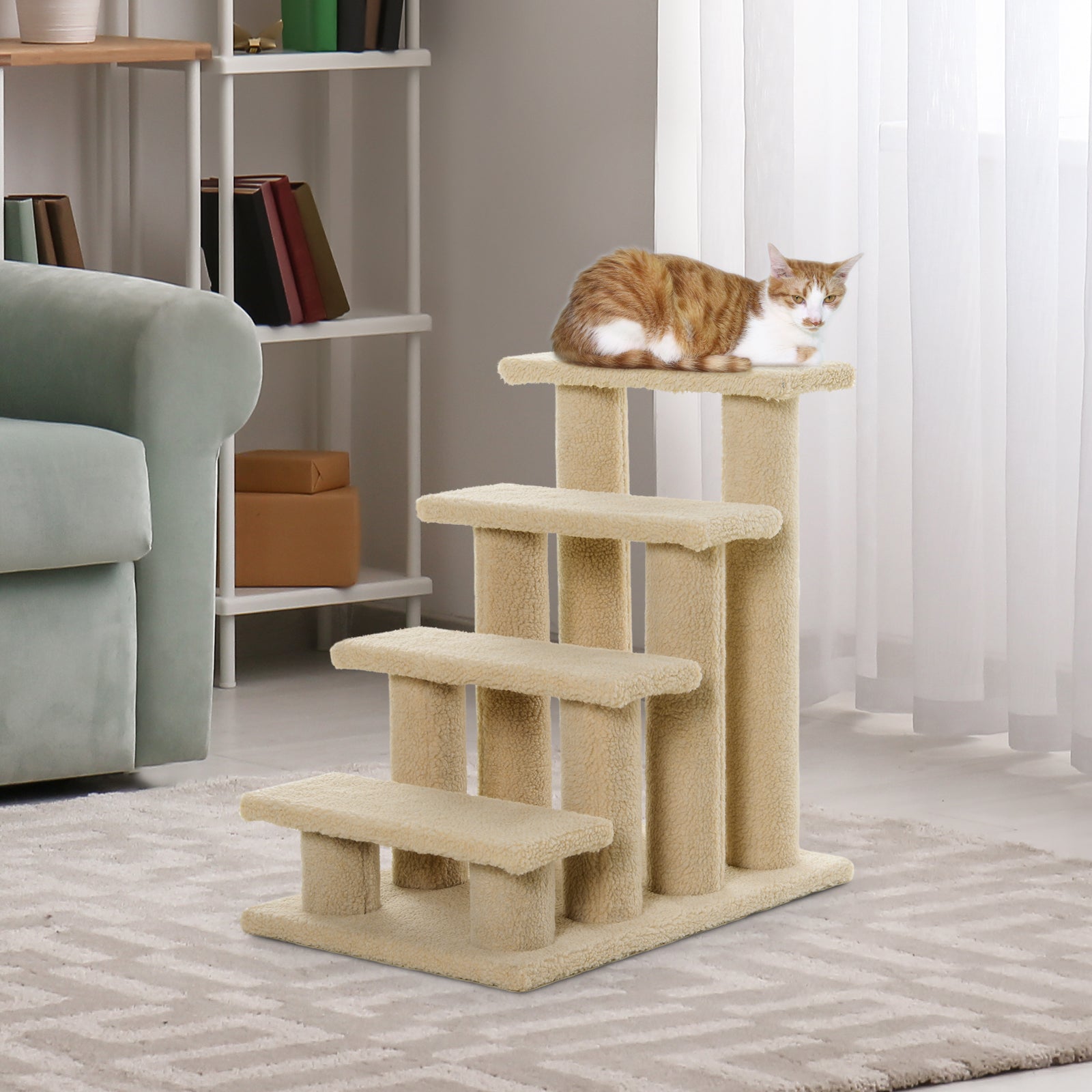PawHut 4-Step Multi-Level Carpeted Cat Scratching Post Pet Stairs, Cream White