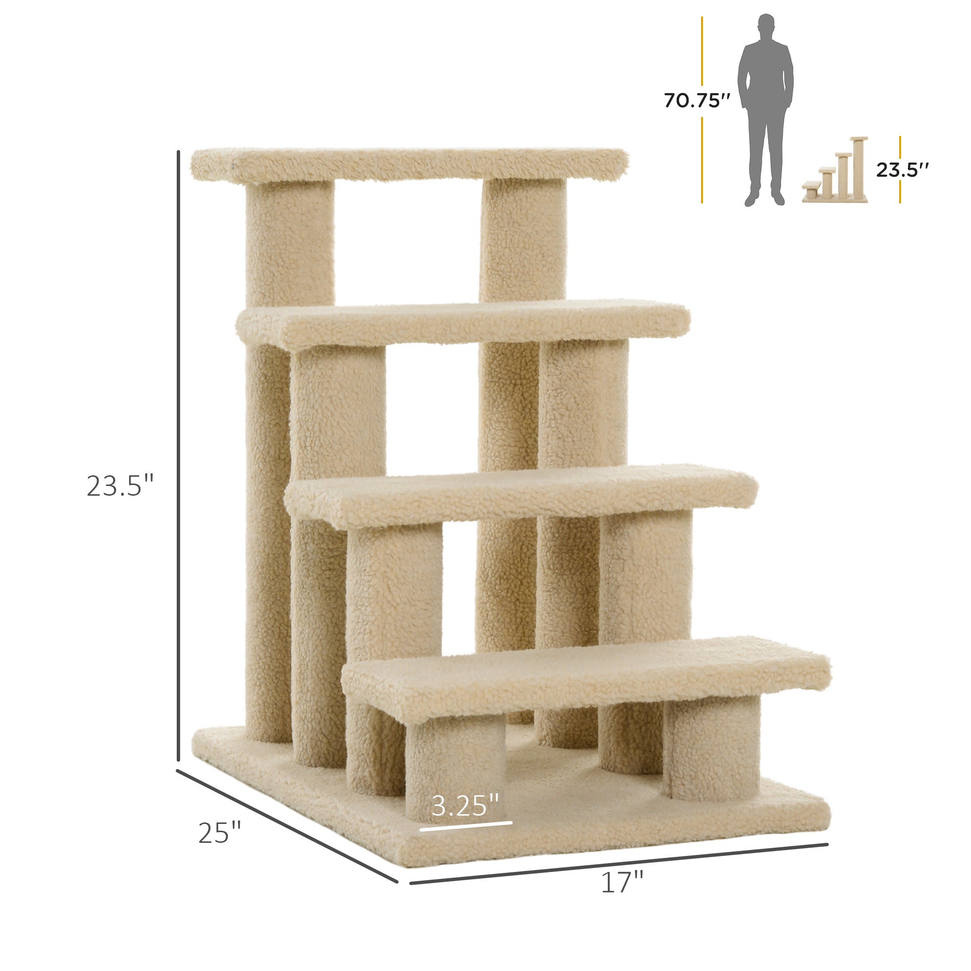 PawHut 4-Step Multi-Level Carpeted Cat Scratching Post Pet Stairs, Cream White